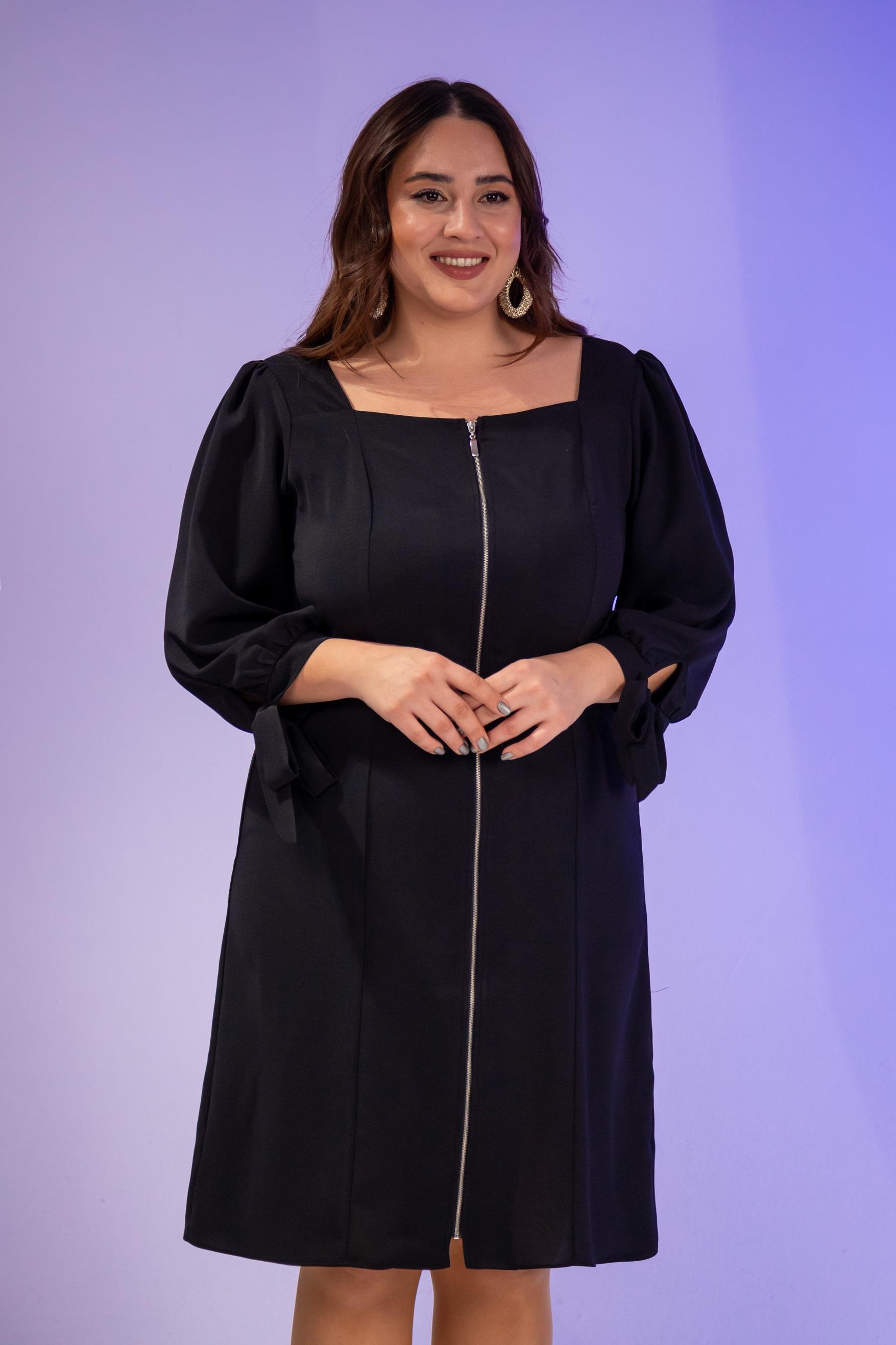 Büyük Beden 1211086 Önü Fermuarlı Elbise  Siyah