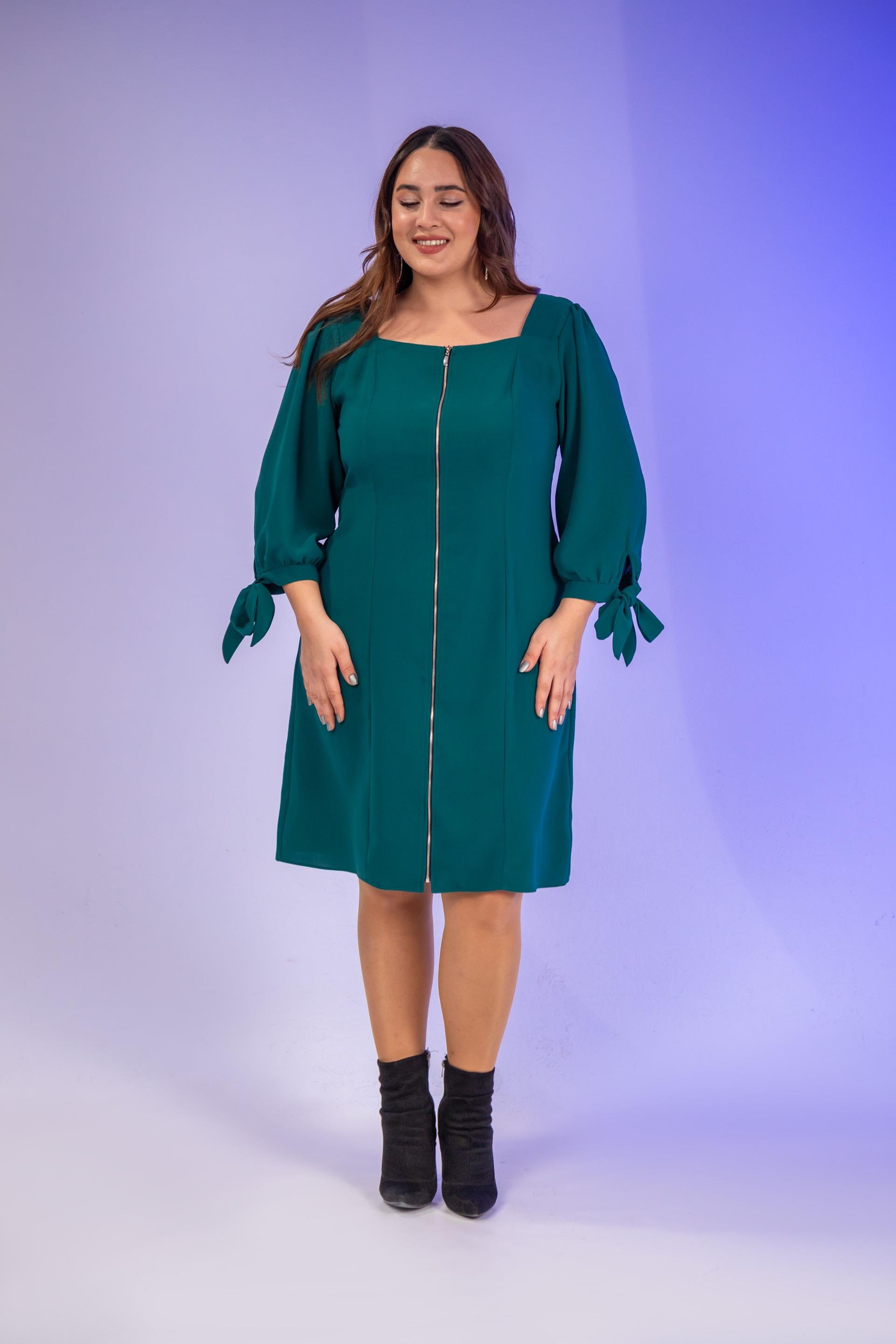 Büyük Beden 1211086 Önü Fermuarlı Elbise  Yeşıl