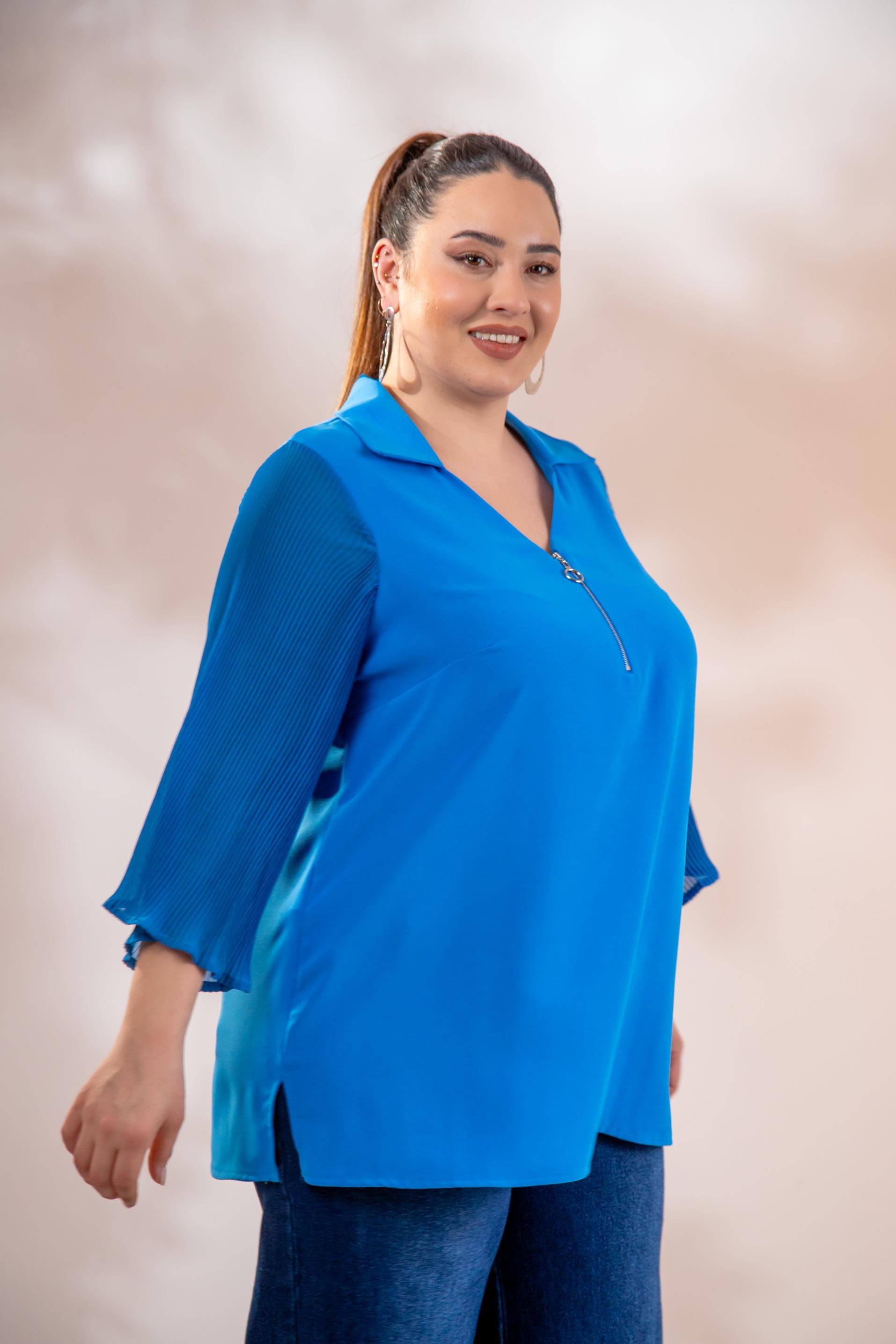 Büyük Beden 1211089 Piliseli Fermuarlı Bluz  Mavi