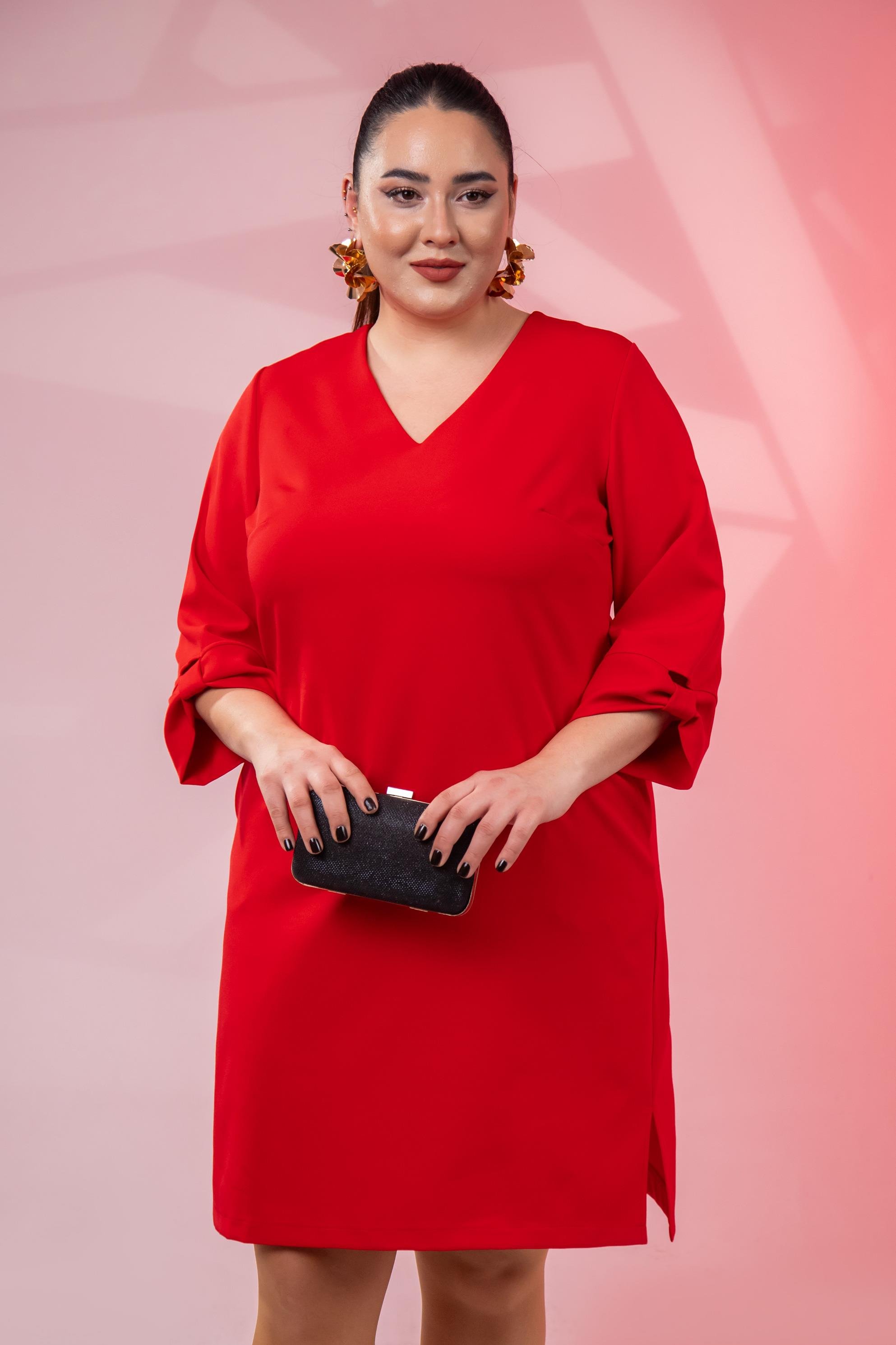 Büyük Beden 1212018 Kol Detaylı V Yaka Elbise  Kırmızı