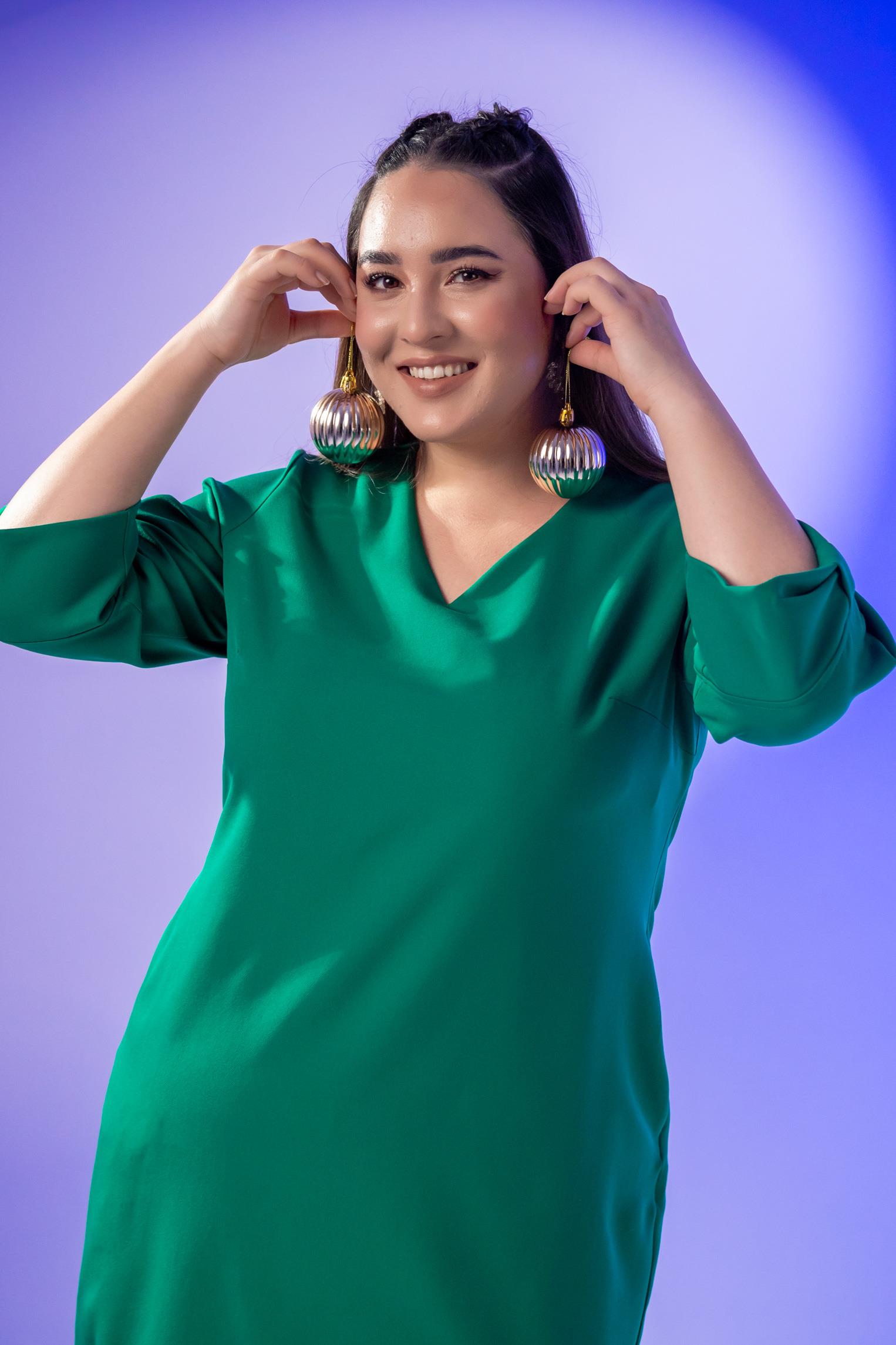 Büyük Beden 1212018 Kol Detaylı V Yaka Elbise  Yeşil