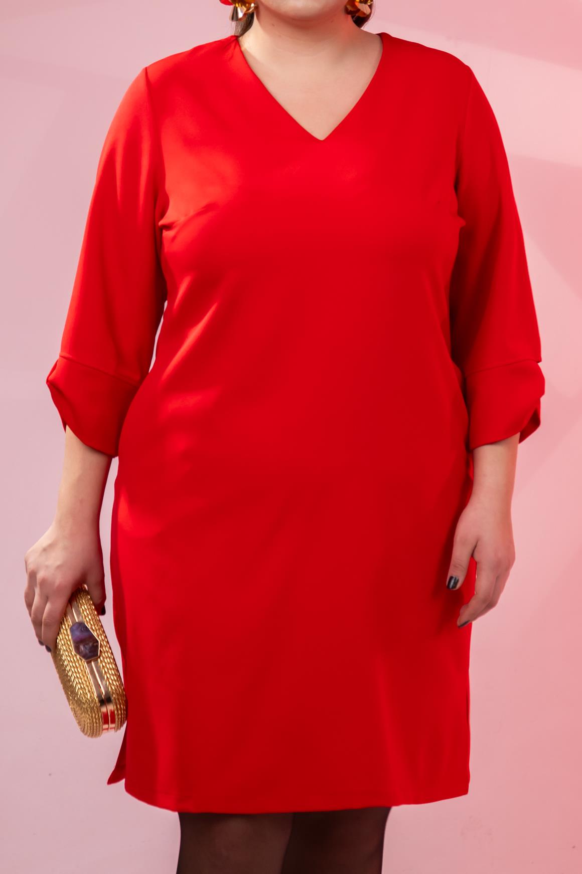 Büyük Beden 1212018 Kol Detaylı V Yaka Elbise  Kırmızı