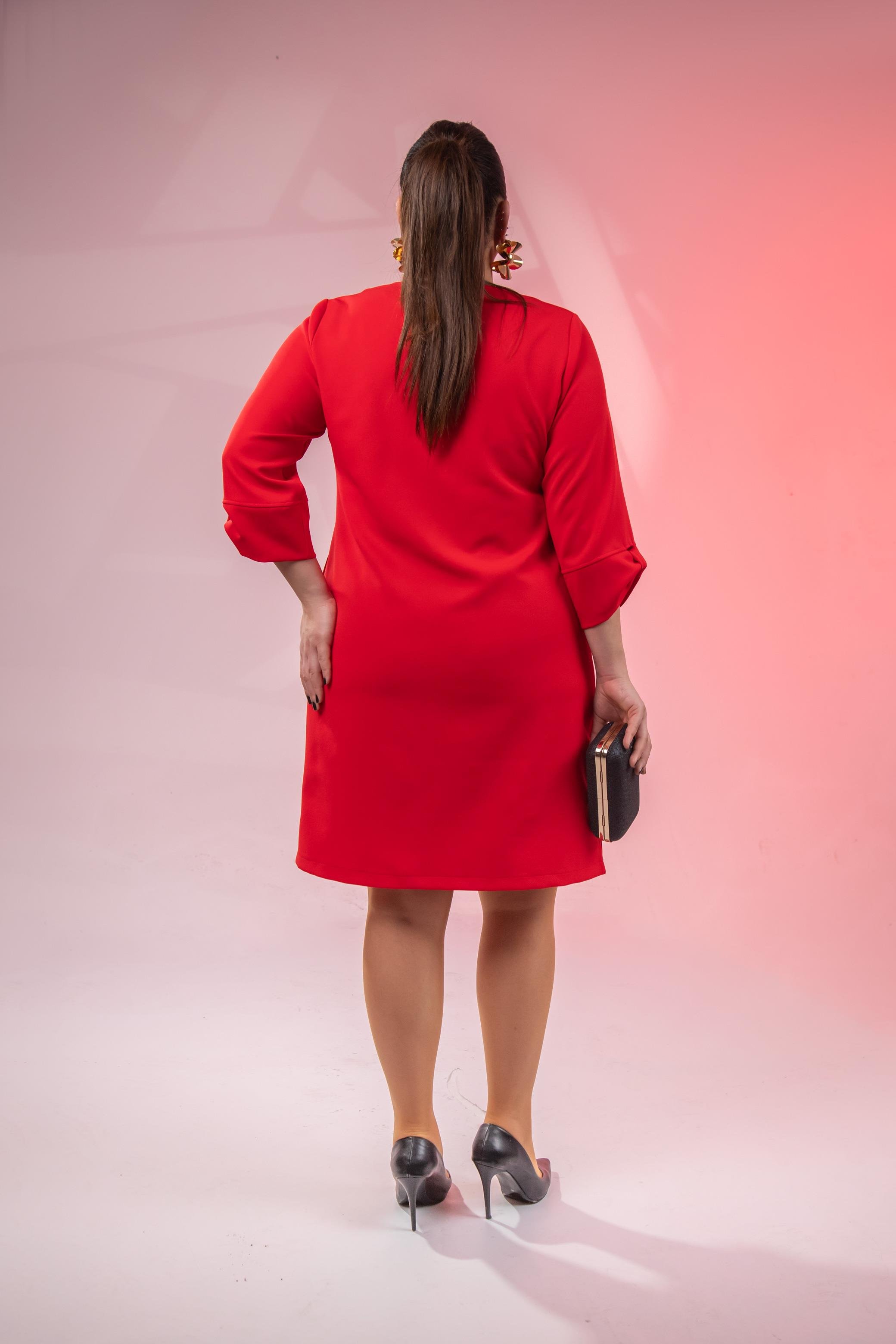 Büyük Beden 1212018 Kol Detaylı V Yaka Elbise  Kırmızı