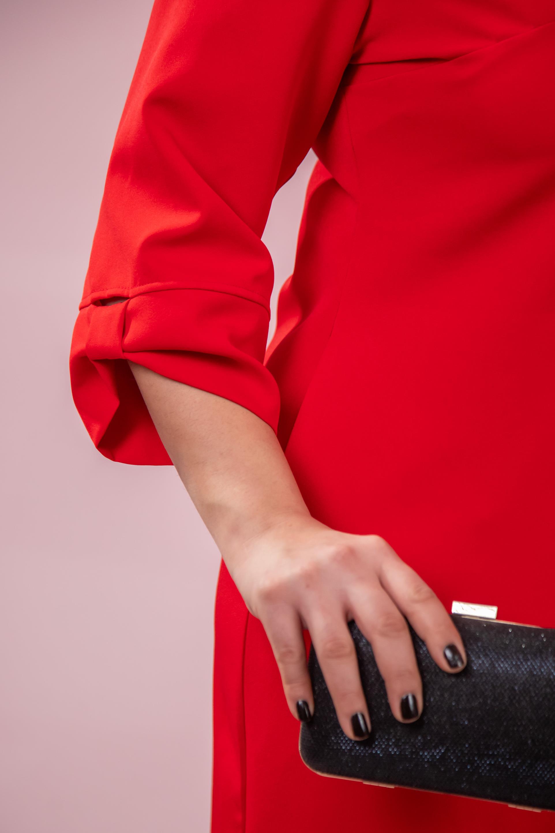 Büyük Beden 1212018 Kol Detaylı V Yaka Elbise  Kırmızı