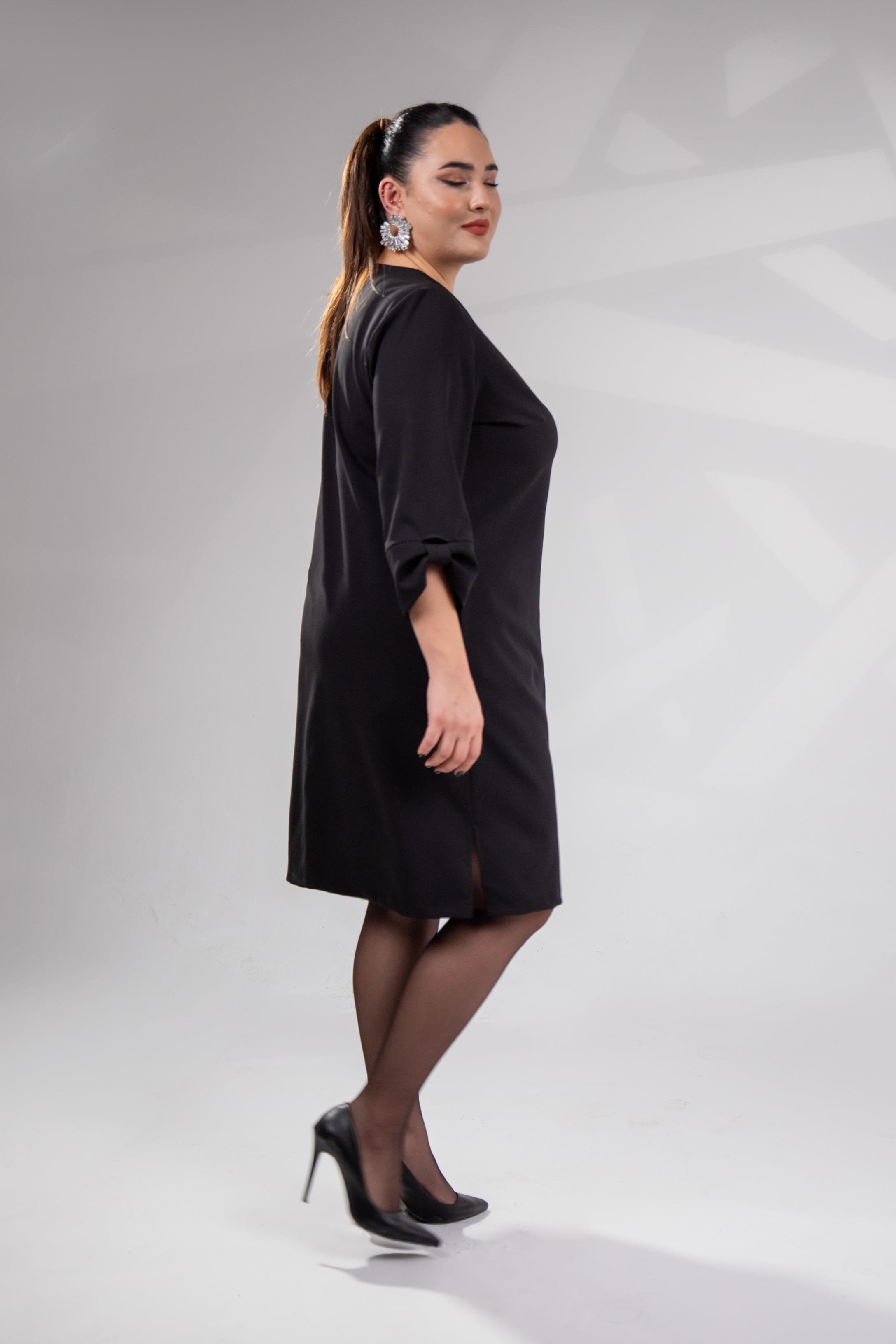 Büyük Beden 1212018 Kol Detaylı V Yaka Elbise  Siyah