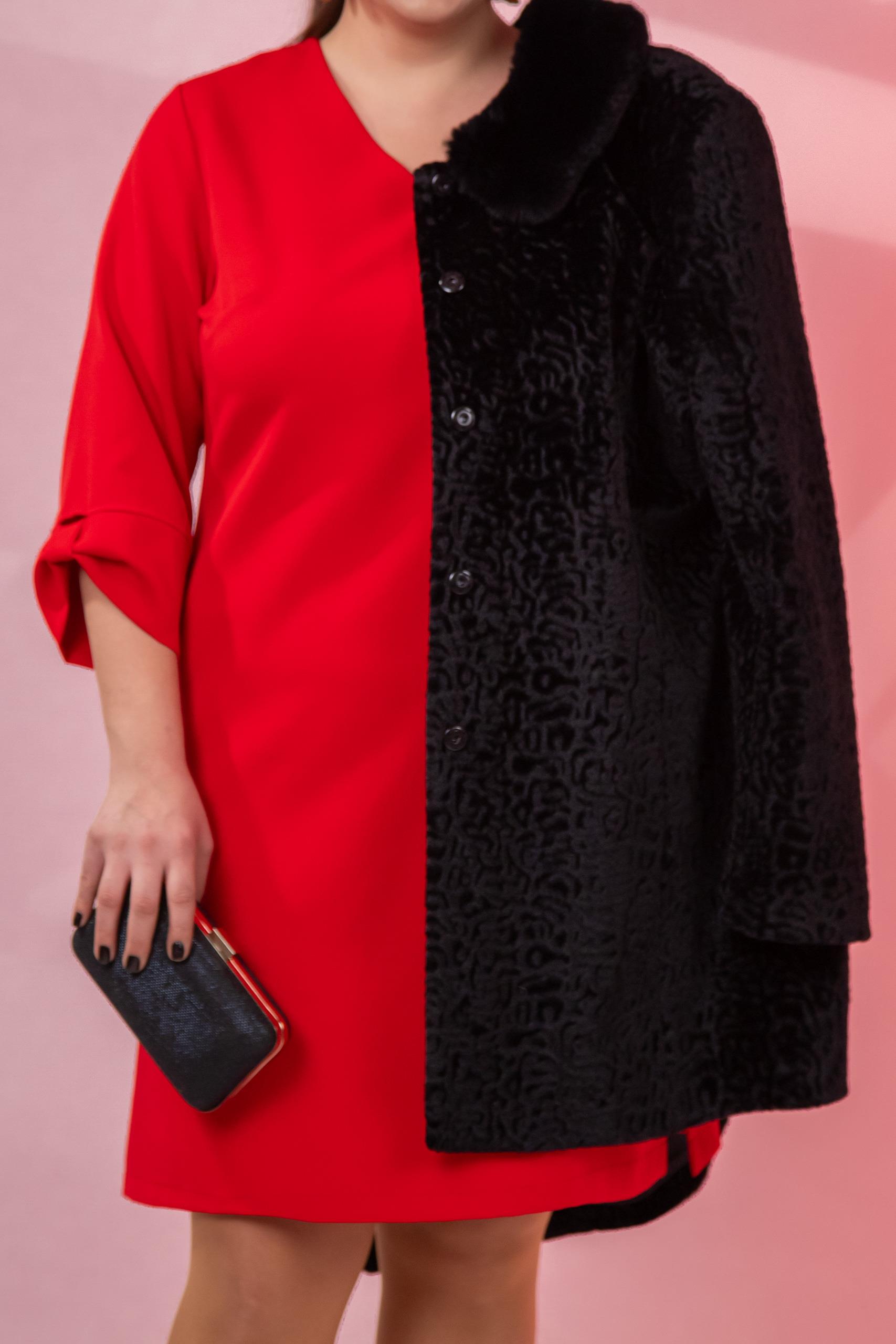 Büyük Beden 1212018 Kol Detaylı V Yaka Elbise  Kırmızı