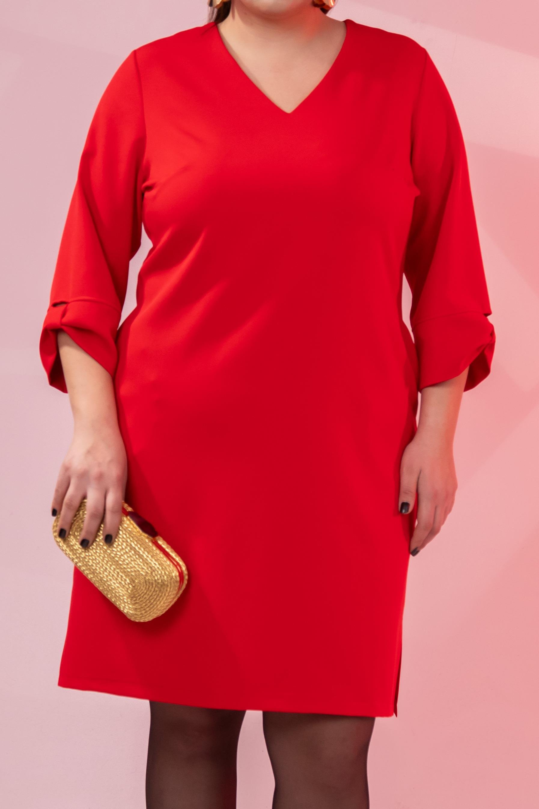 Büyük Beden 1212018 Kol Detaylı V Yaka Elbise  Kırmızı
