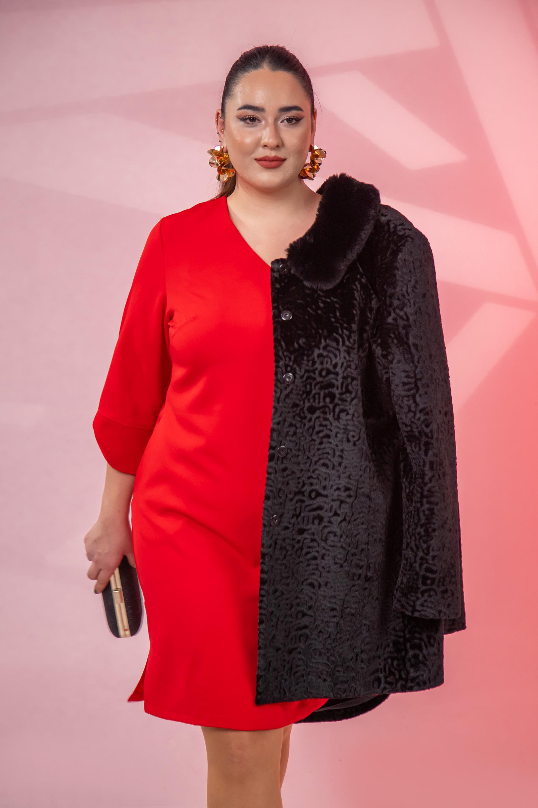 Büyük Beden 1212018 Kol Detaylı V Yaka Elbise  Kırmızı