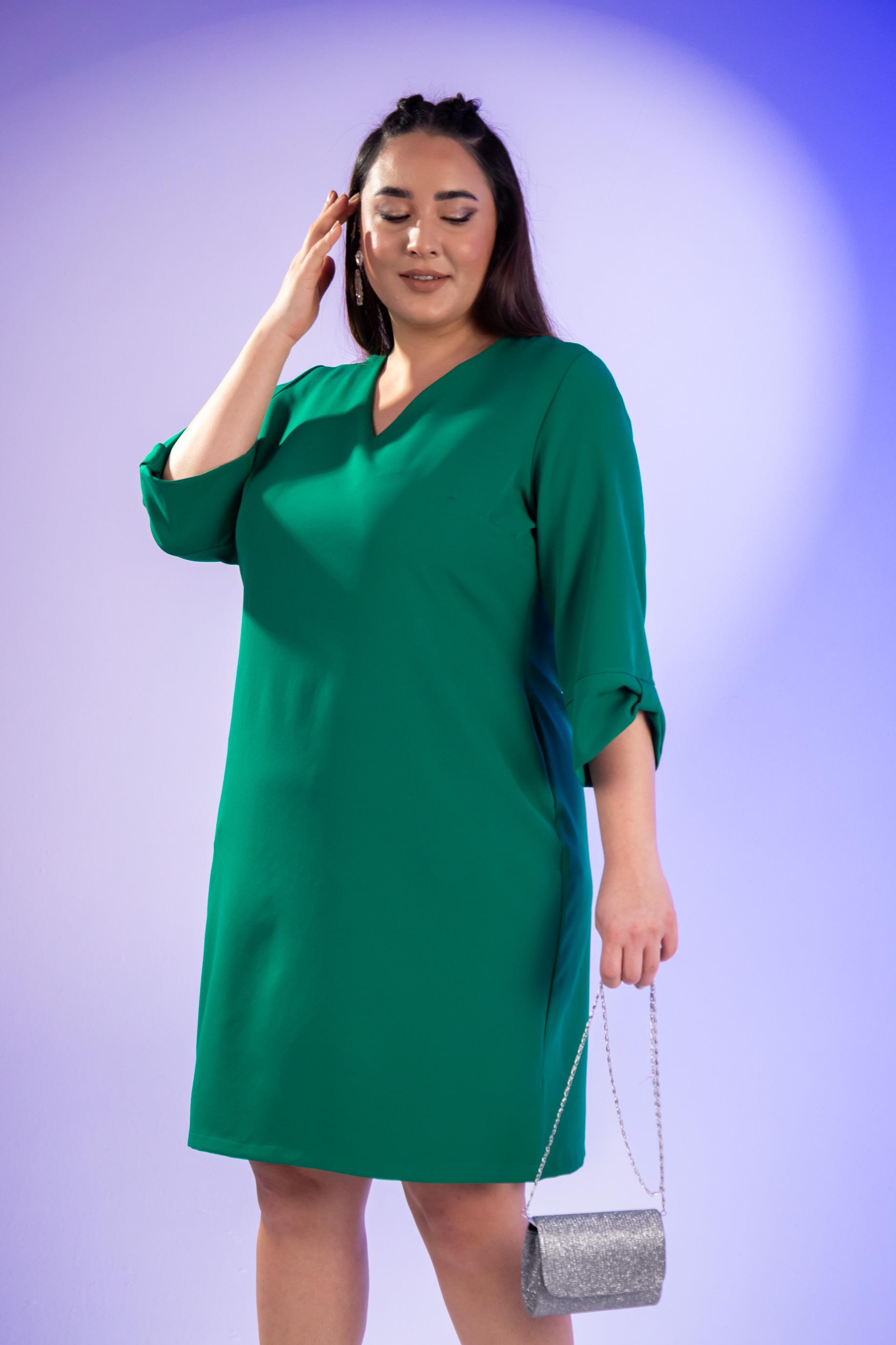 Büyük Beden 1212018 Kol Detaylı V Yaka Elbise  Yeşil