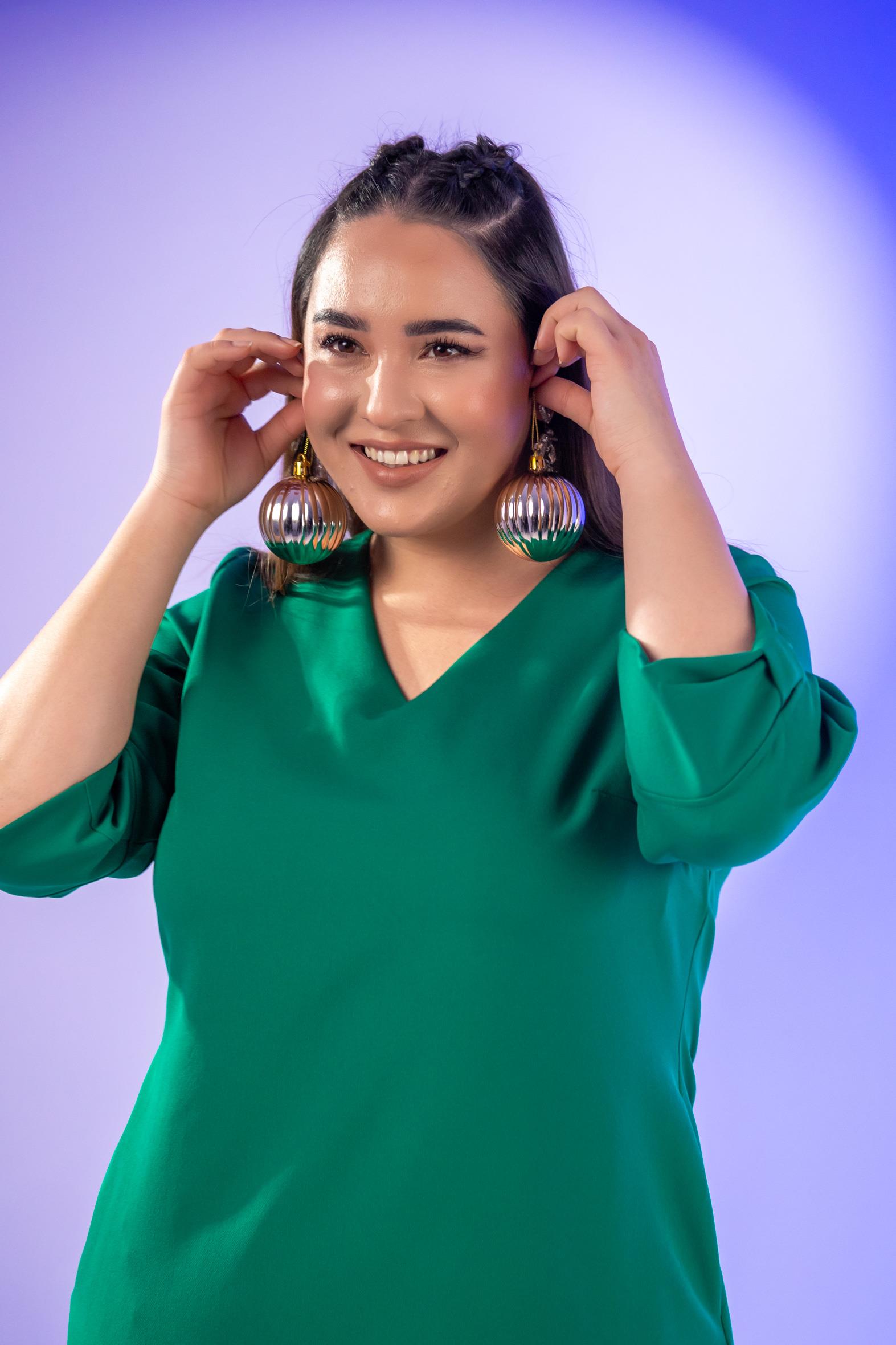 Büyük Beden 1212018 Kol Detaylı V Yaka Elbise  Yeşil