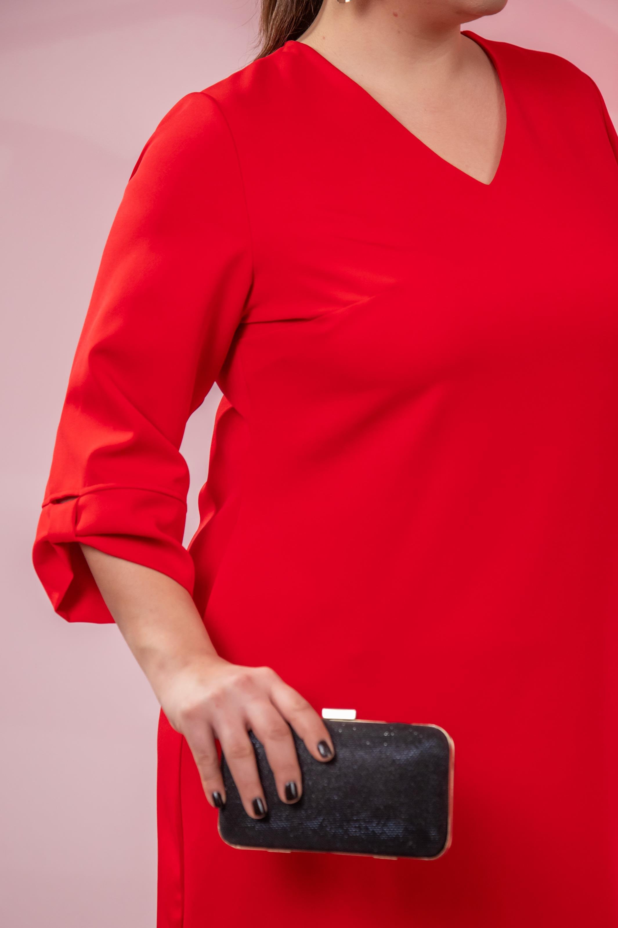 Büyük Beden 1212018 Kol Detaylı V Yaka Elbise  Kırmızı