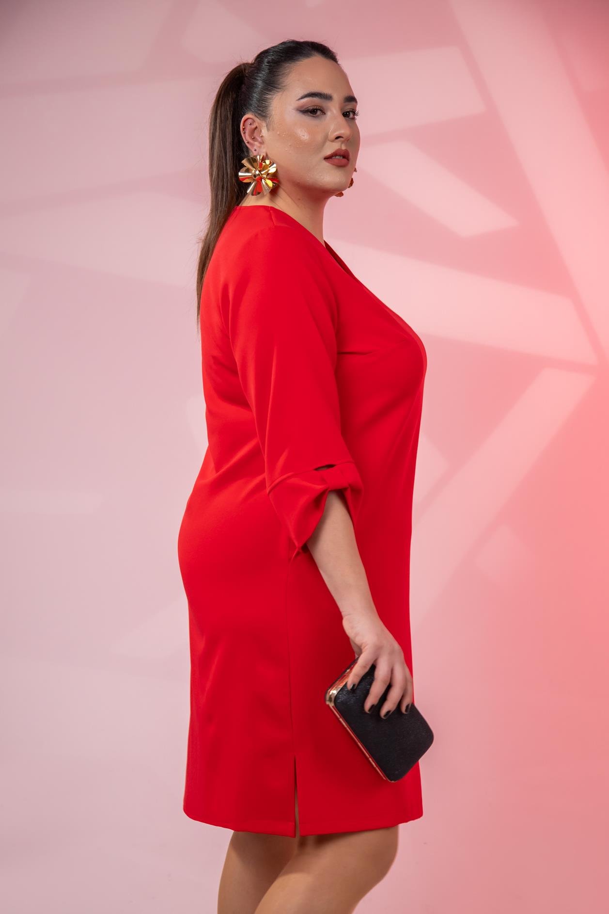 Büyük Beden 1212018 Kol Detaylı V Yaka Elbise  Kırmızı