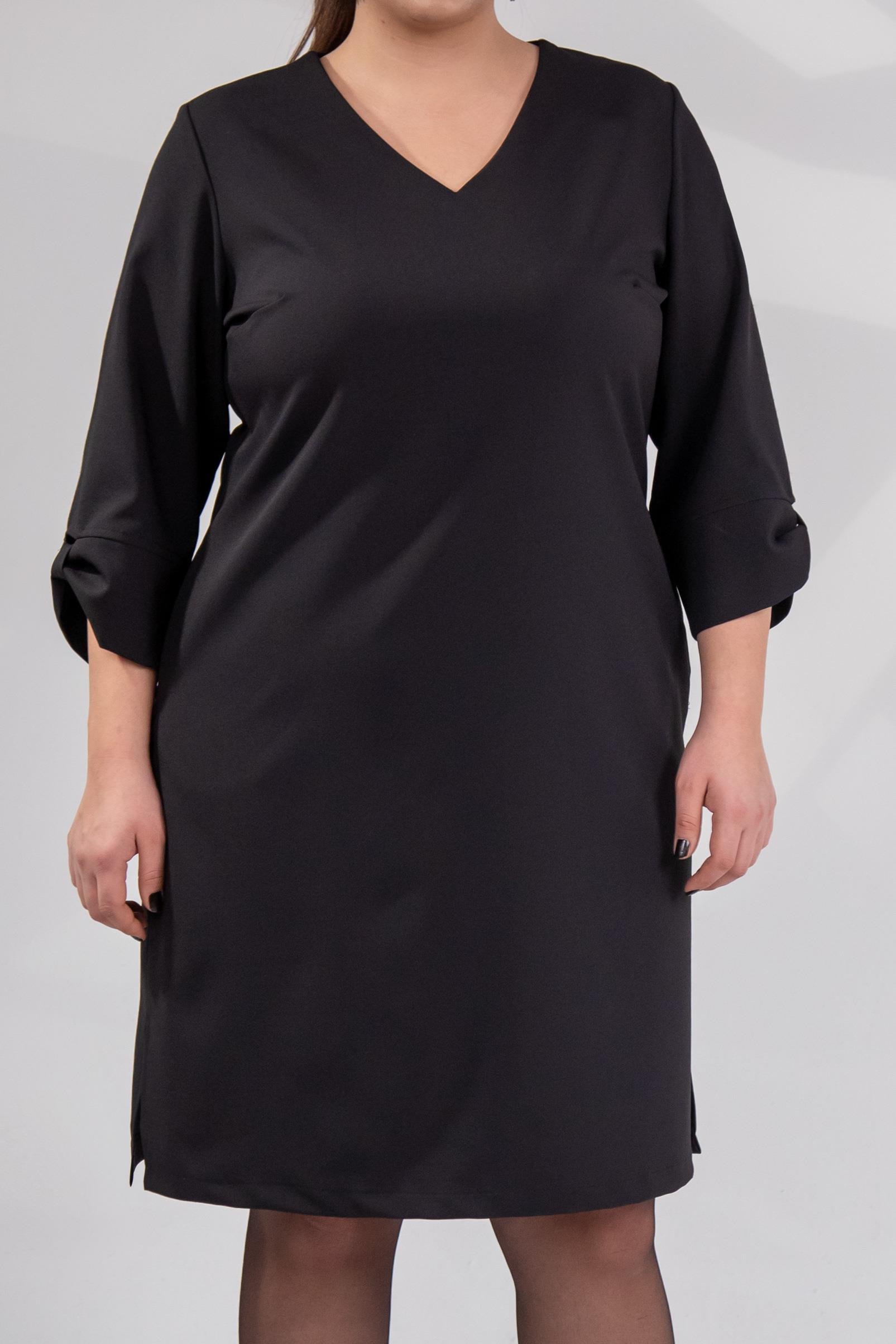 Büyük Beden 1212018 Kol Detaylı V Yaka Elbise  Siyah