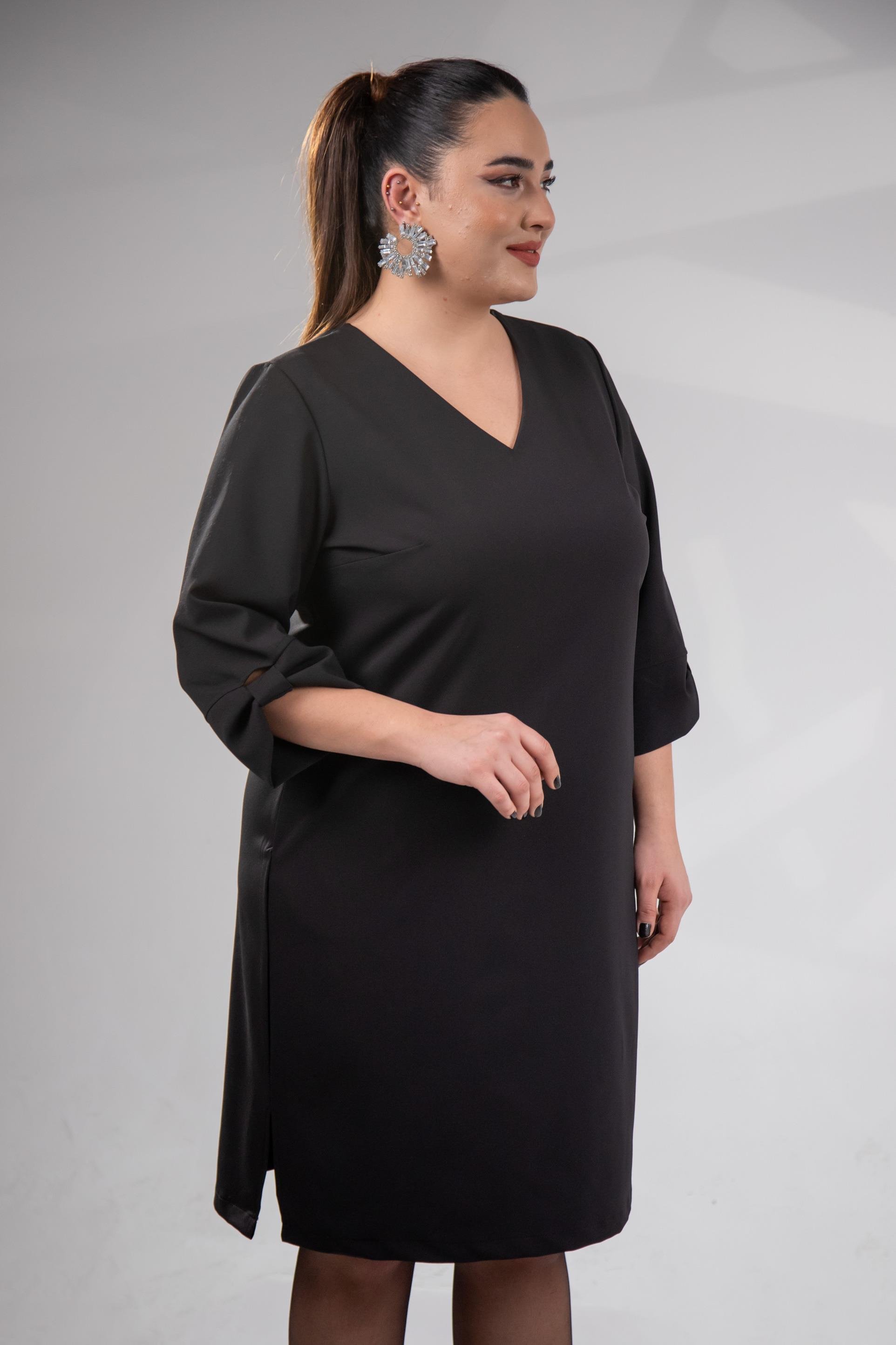 Büyük Beden 1212018 Kol Detaylı V Yaka Elbise  Siyah
