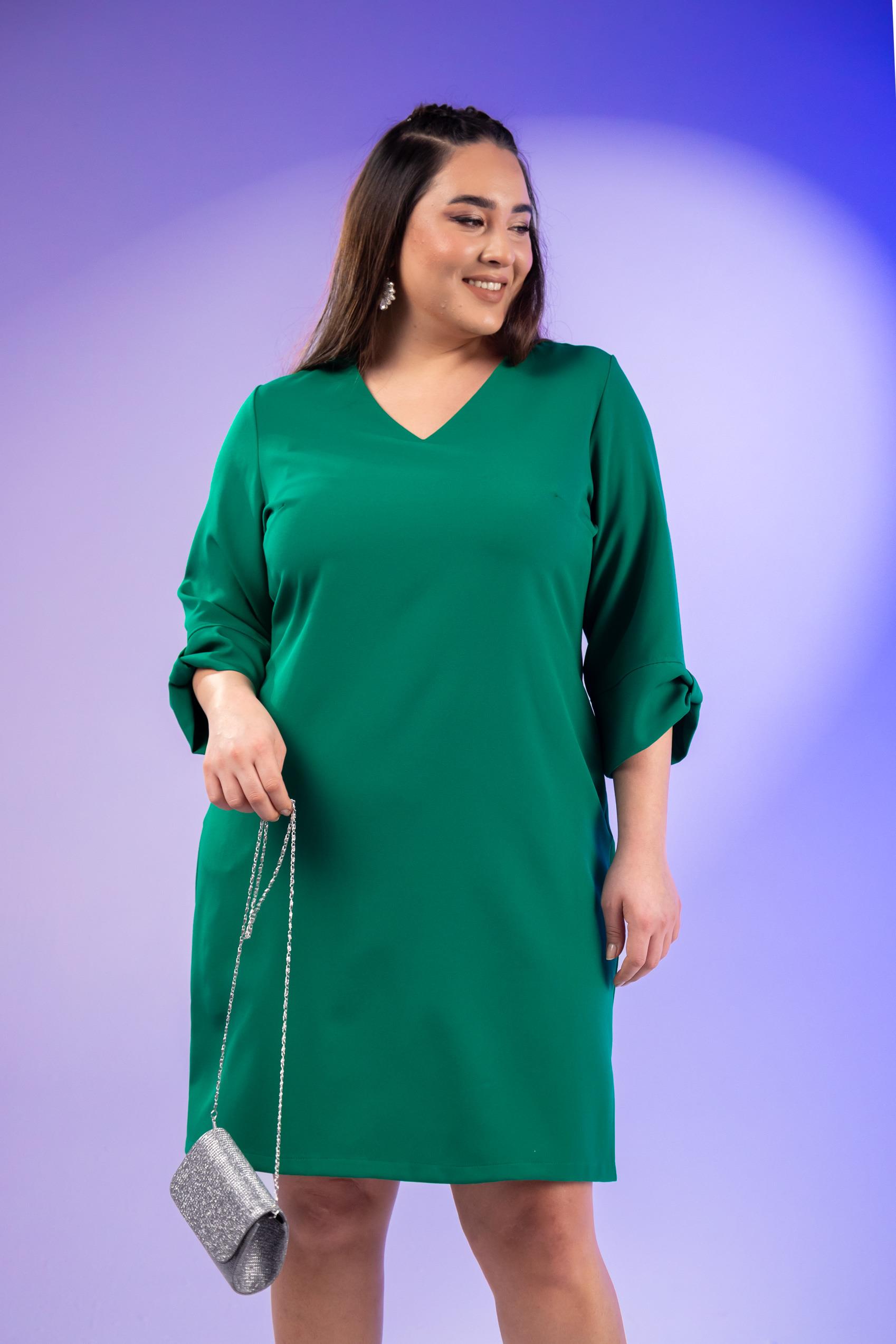 Büyük Beden 1212018 Kol Detaylı V Yaka Elbise  Yeşil