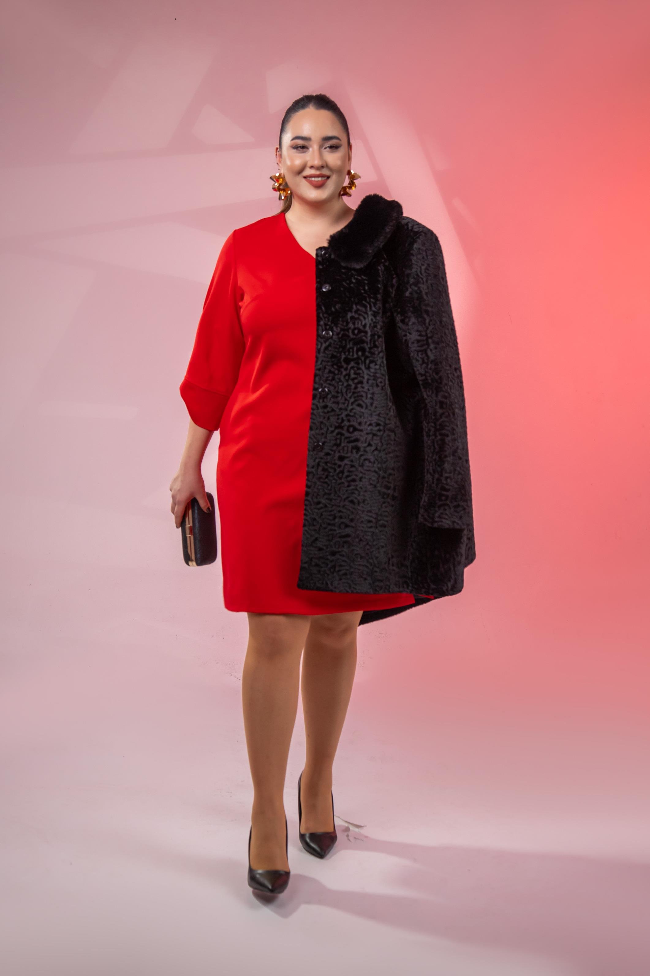 Büyük Beden 1212018 Kol Detaylı V Yaka Elbise  Kırmızı