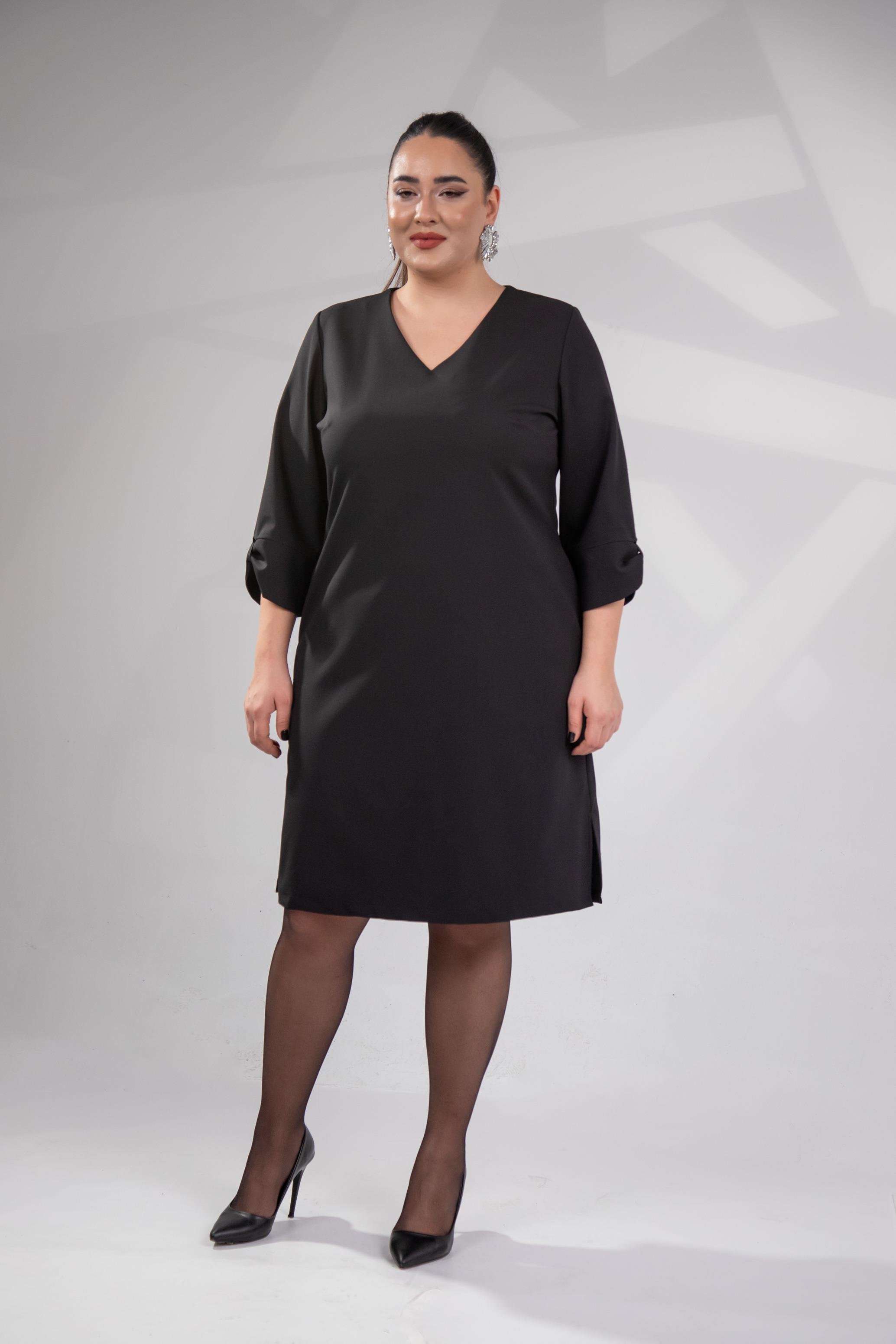 Büyük Beden 1212018 Kol Detaylı V Yaka Elbise  Siyah