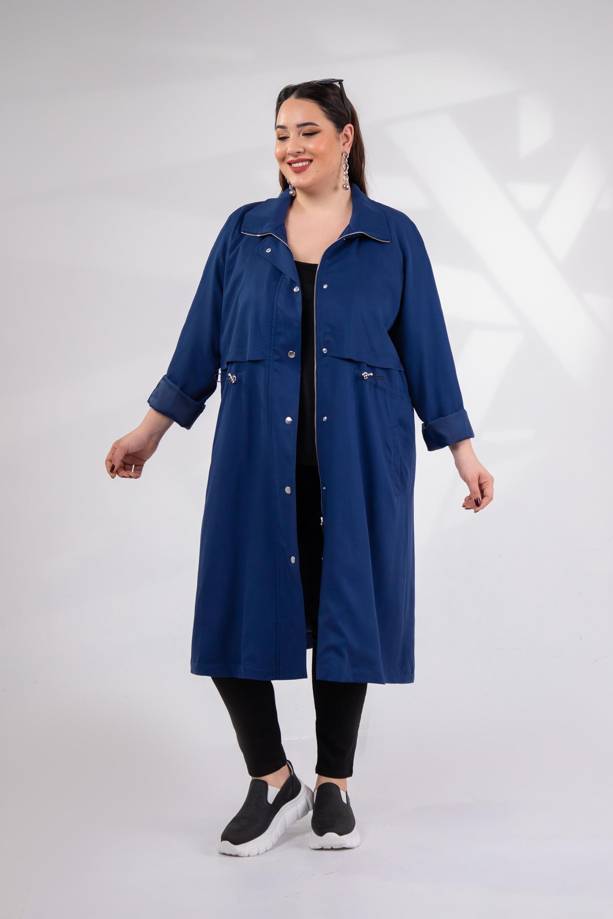 Büyük Beden 1212021 Kapüşonlu Trençkot  Lacıvert