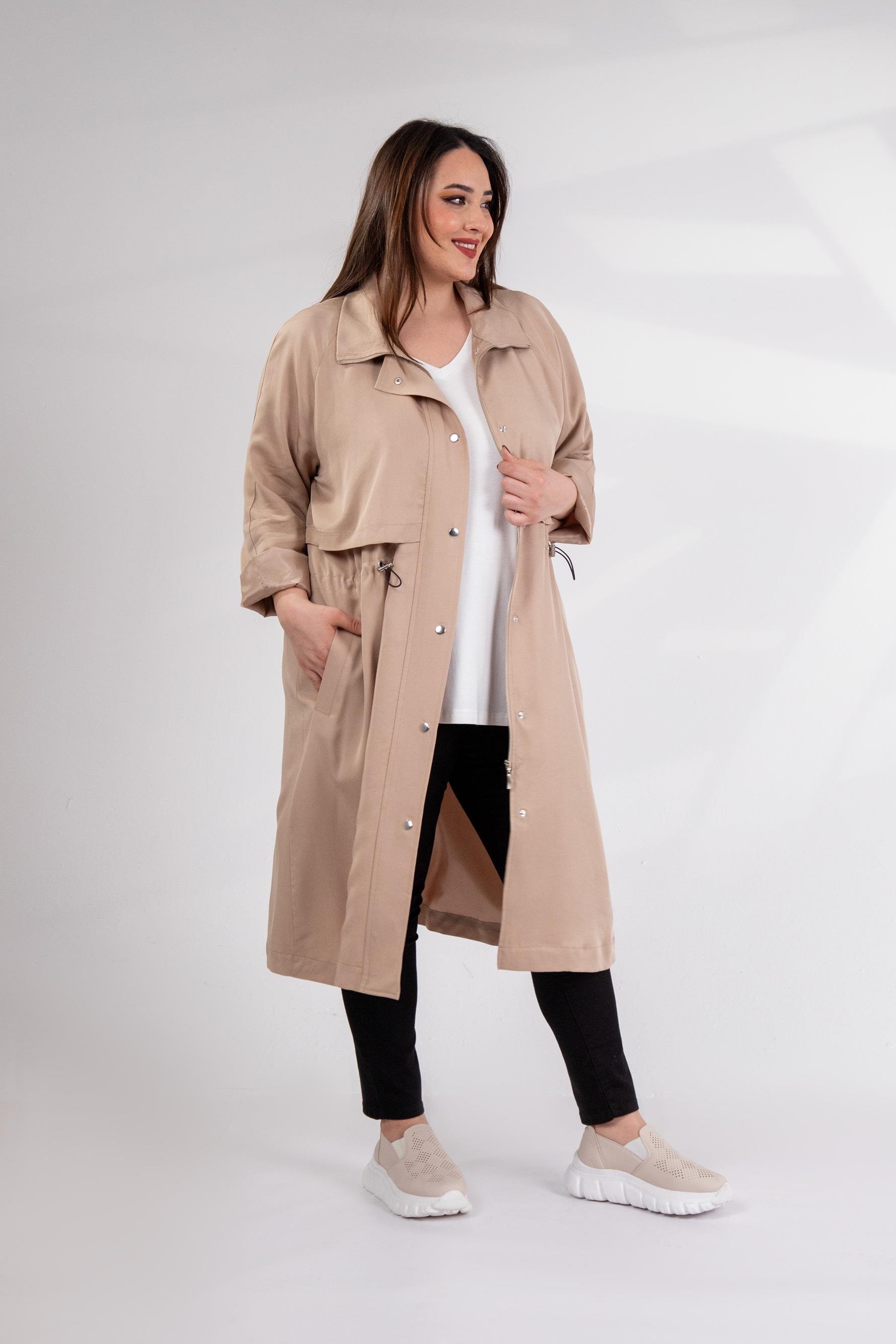 Büyük Beden 1212021 Kapüşonlu Trençkot  Bej