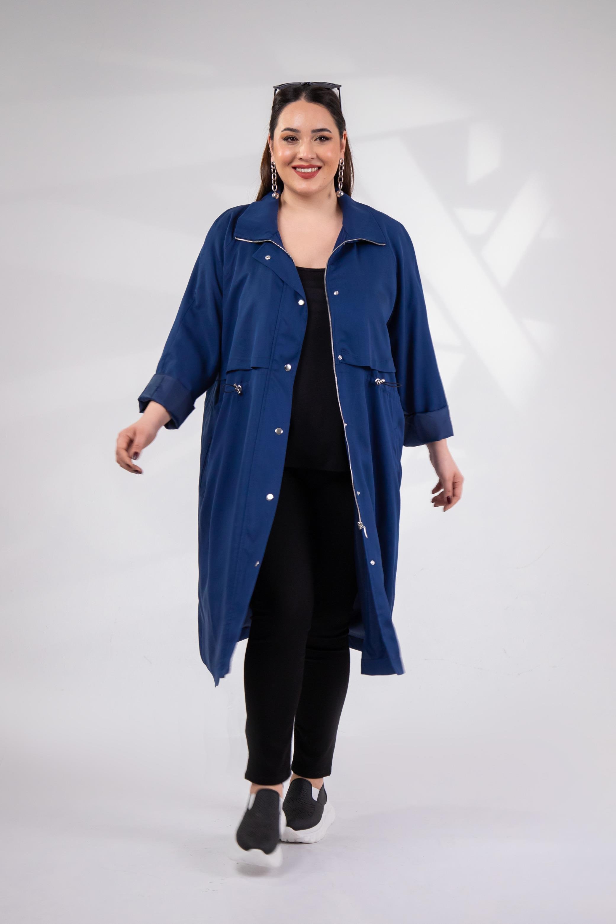 Büyük Beden 1212021 Kapüşonlu Trençkot  Lacıvert