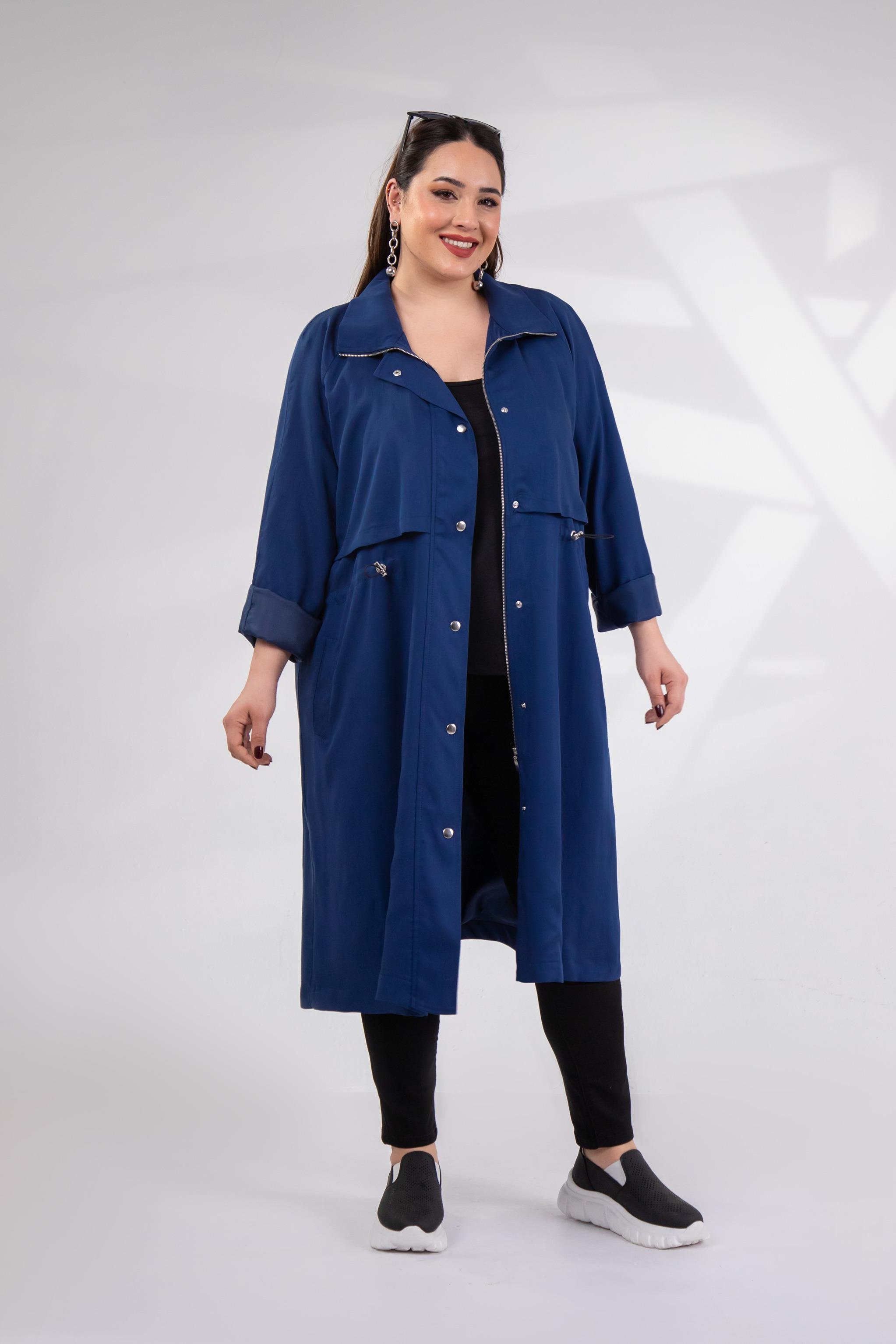 Büyük Beden 1212021 Kapüşonlu Trençkot  Lacıvert