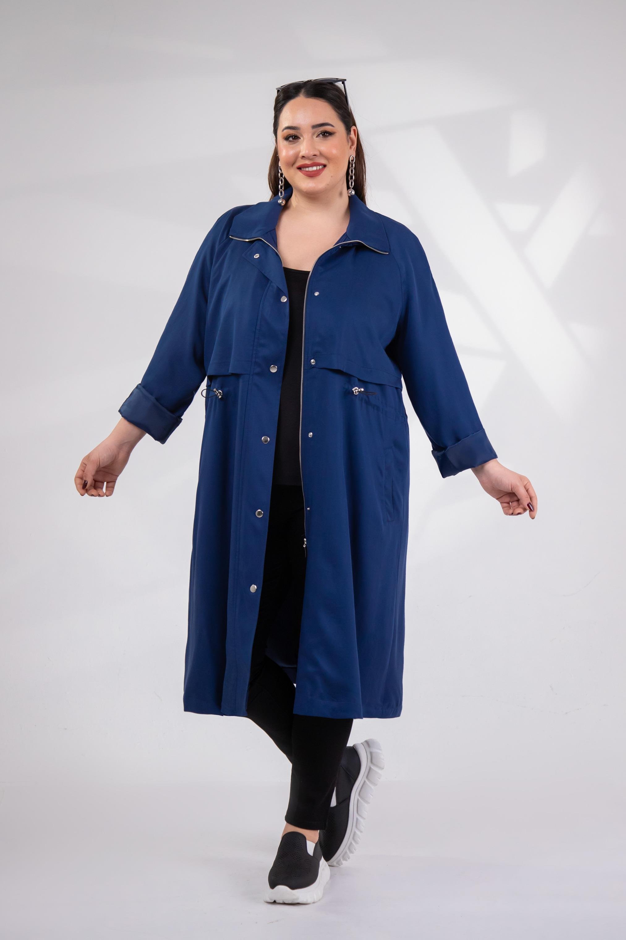 Büyük Beden 1212021 Kapüşonlu Trençkot  Lacıvert