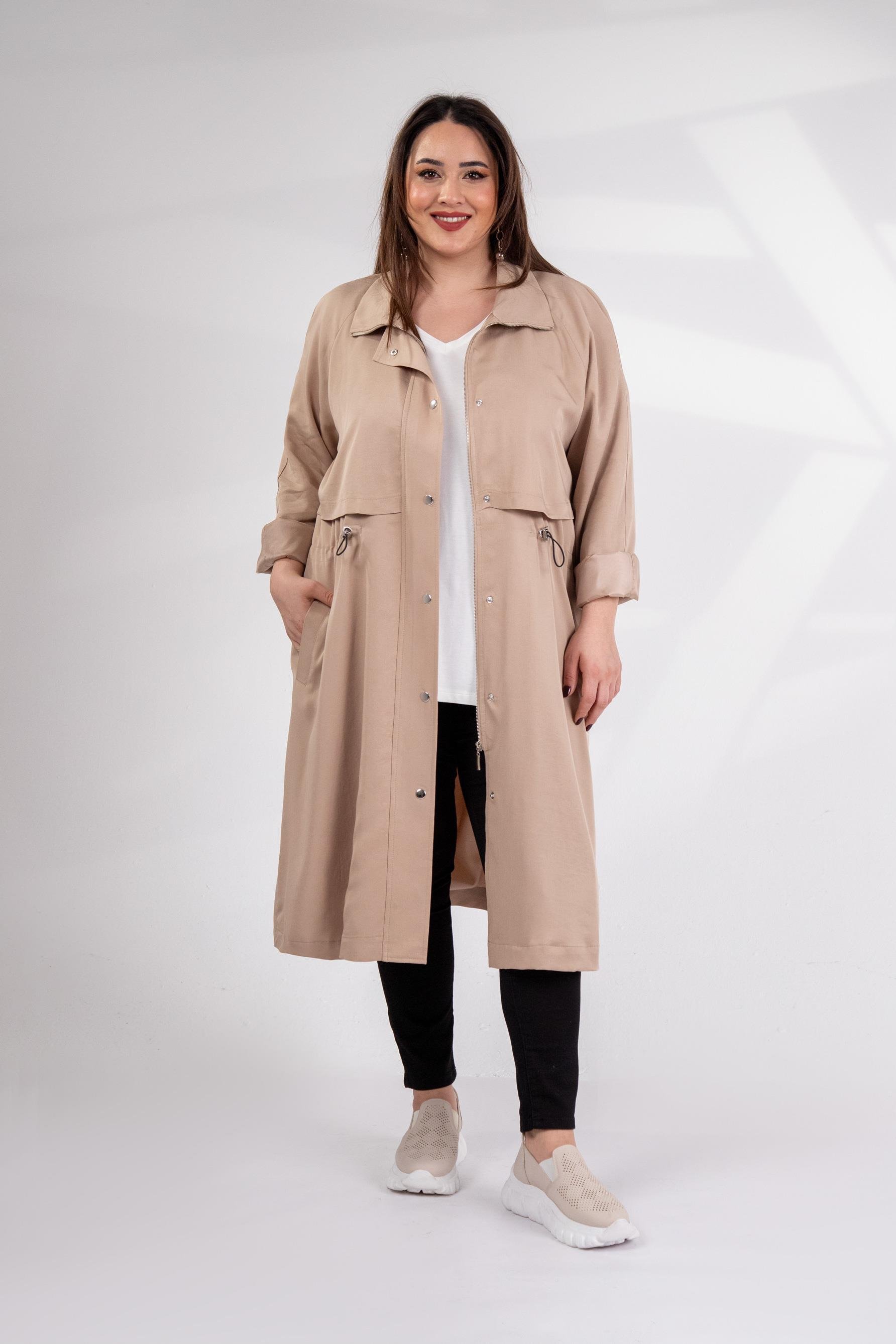 Büyük Beden 1212021 Kapüşonlu Trençkot  Bej