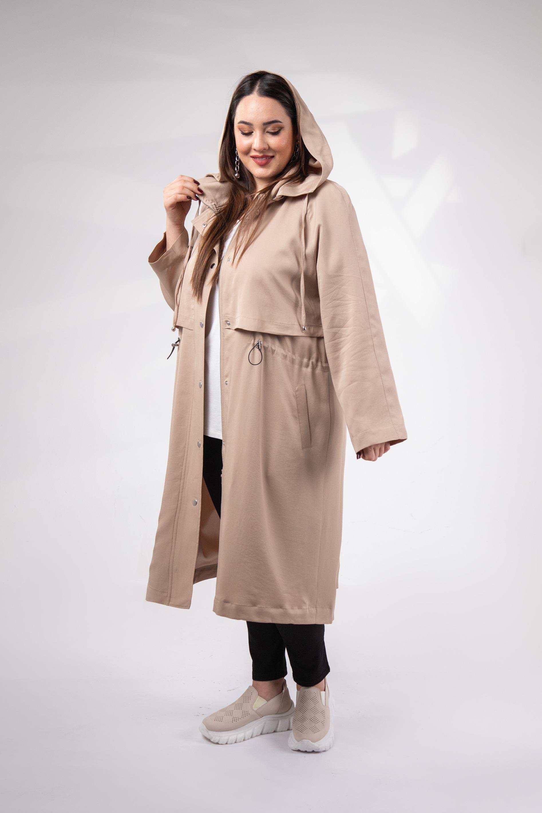 Büyük Beden 1212021 Kapüşonlu Trençkot  Bej