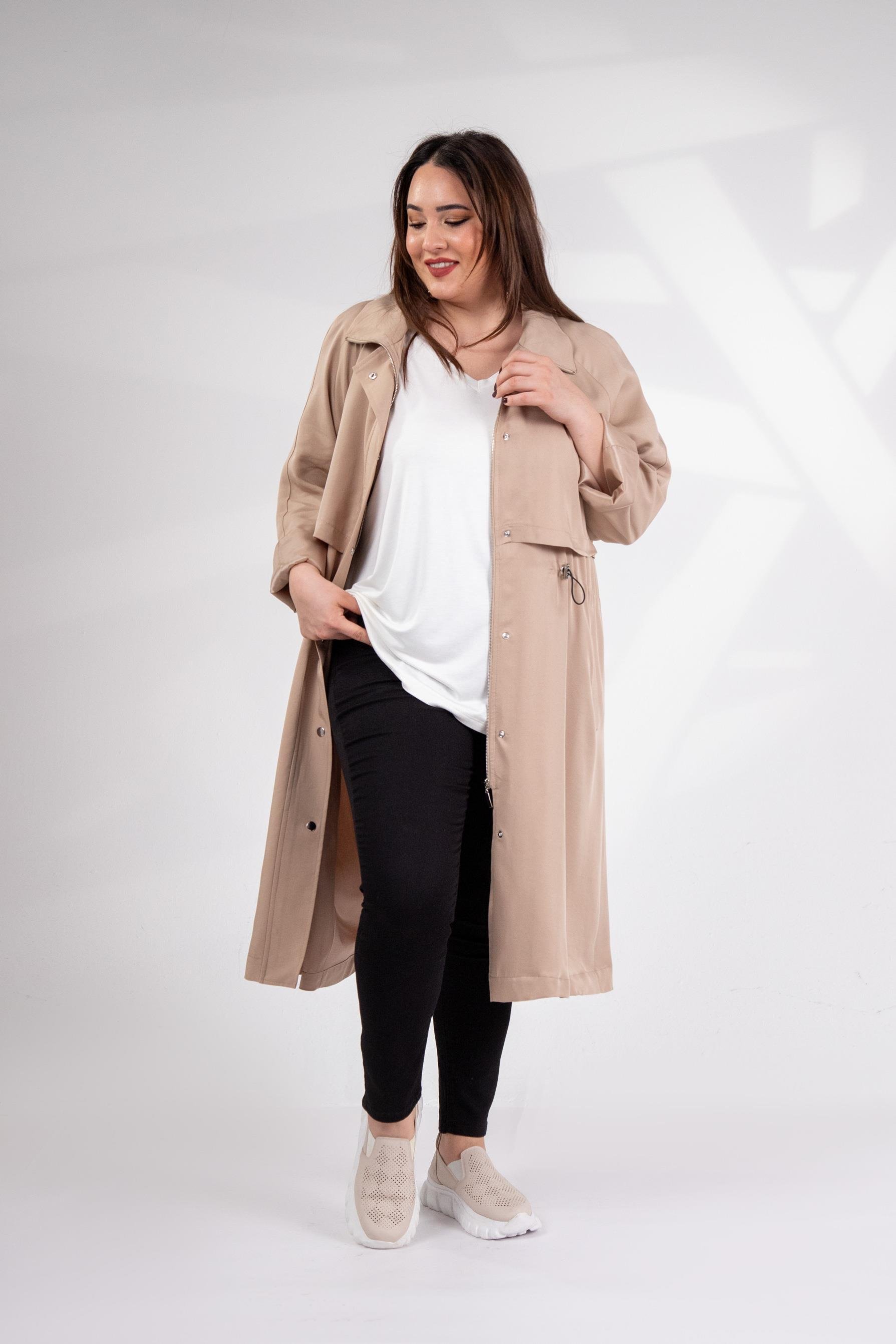 Büyük Beden 1212021 Kapüşonlu Trençkot  Bej