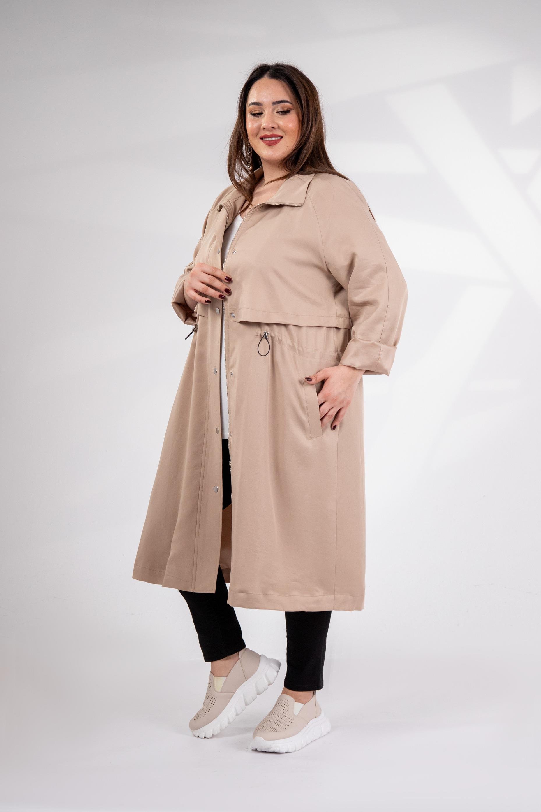 Büyük Beden 1212021 Kapüşonlu Trençkot  Bej