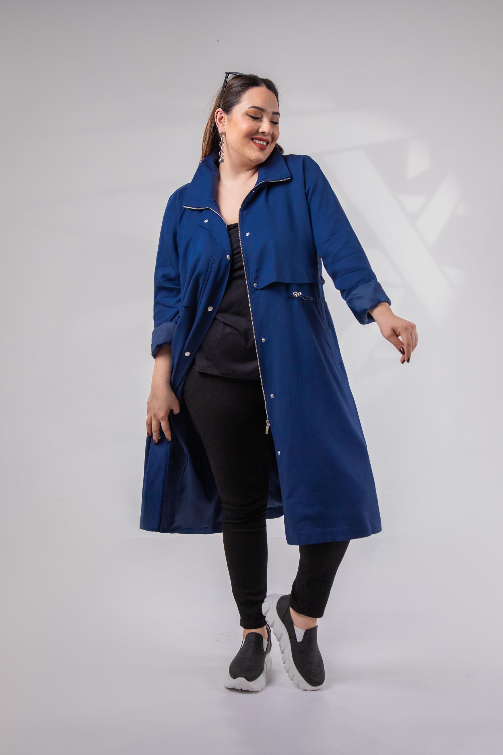 Büyük Beden 1212021 Kapüşonlu Trençkot  Lacıvert