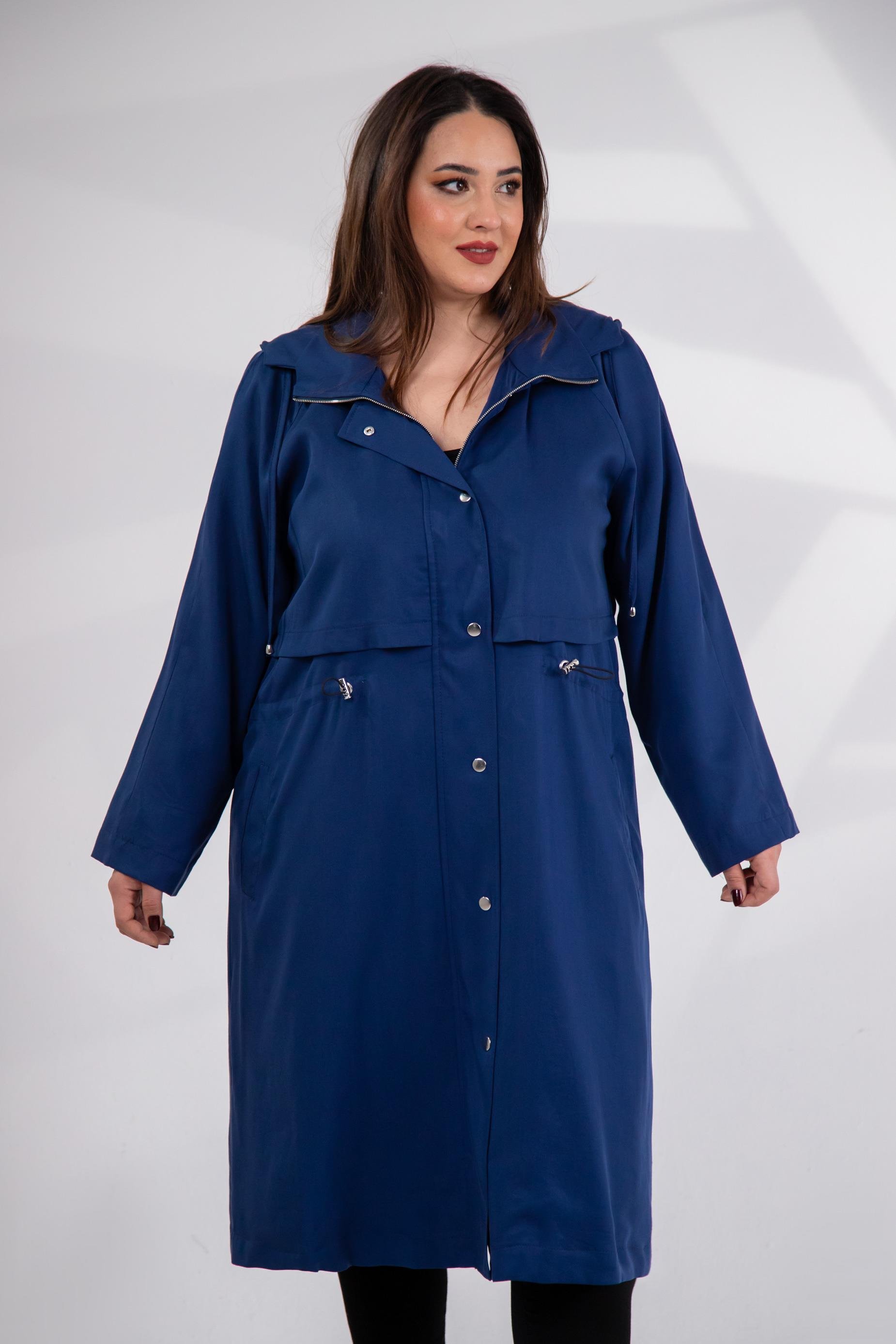 Büyük Beden 1212021 Kapüşonlu Trençkot  Lacıvert