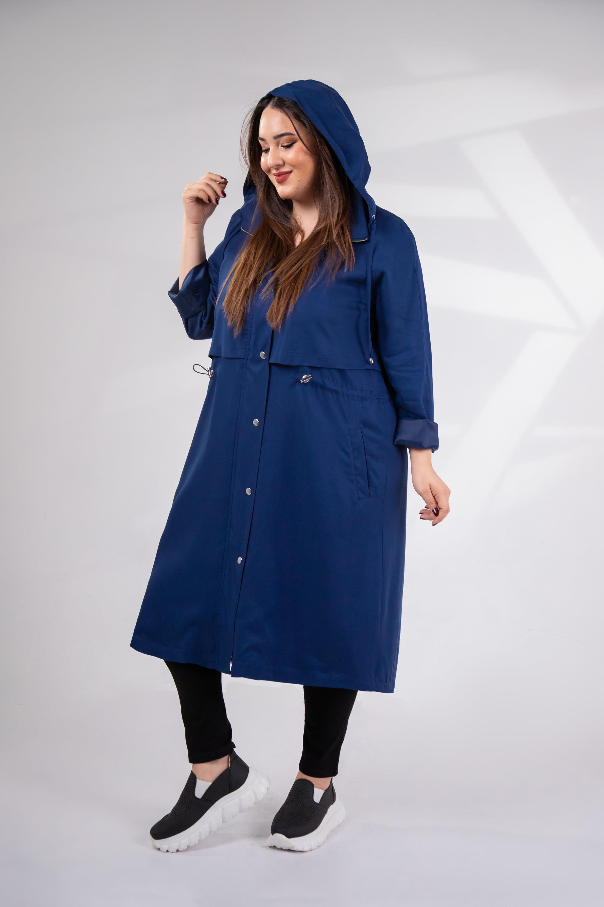 Büyük Beden 1212021 Kapüşonlu Trençkot  Lacıvert
