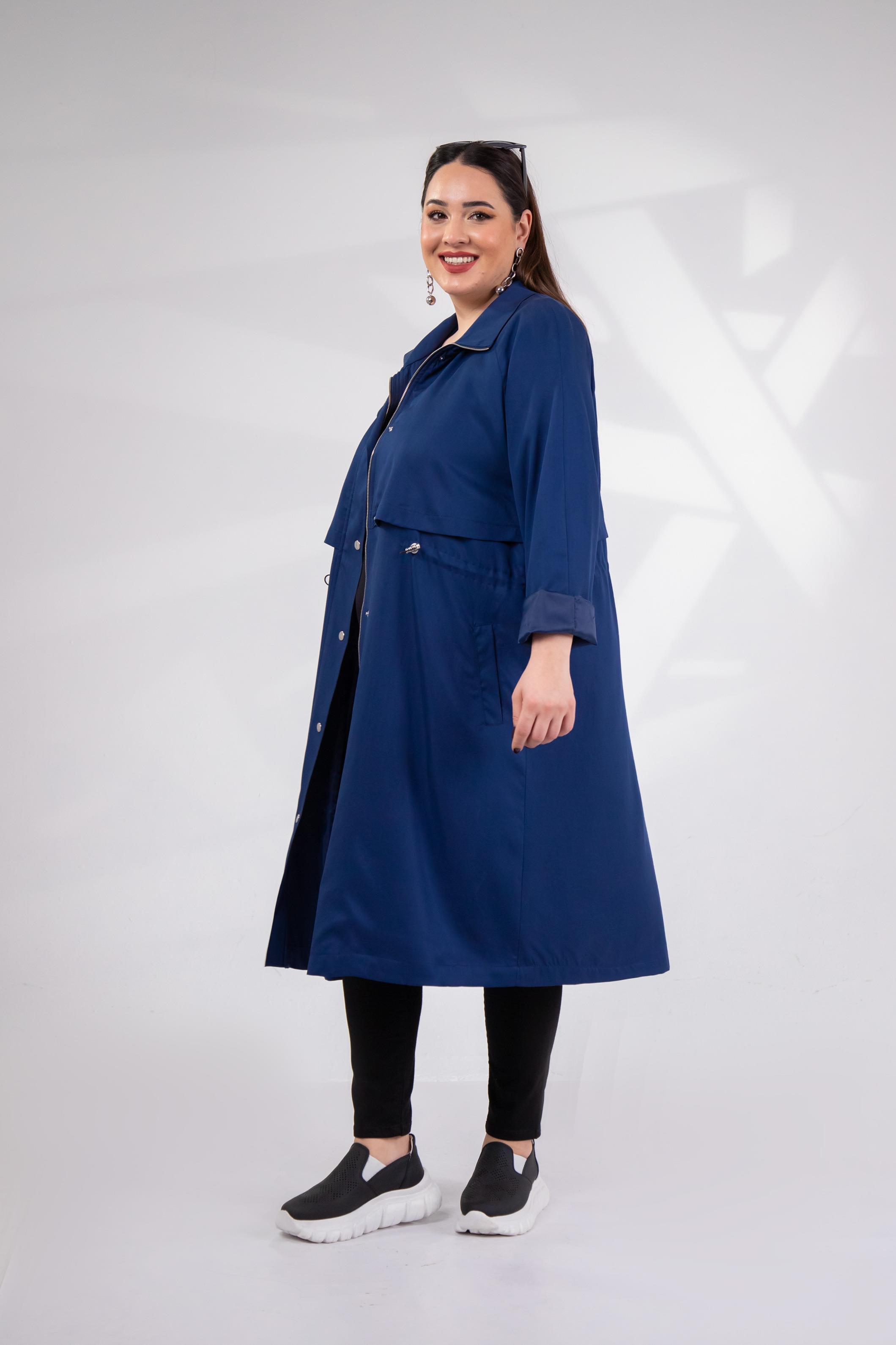 Büyük Beden 1212021 Kapüşonlu Trençkot  Lacıvert