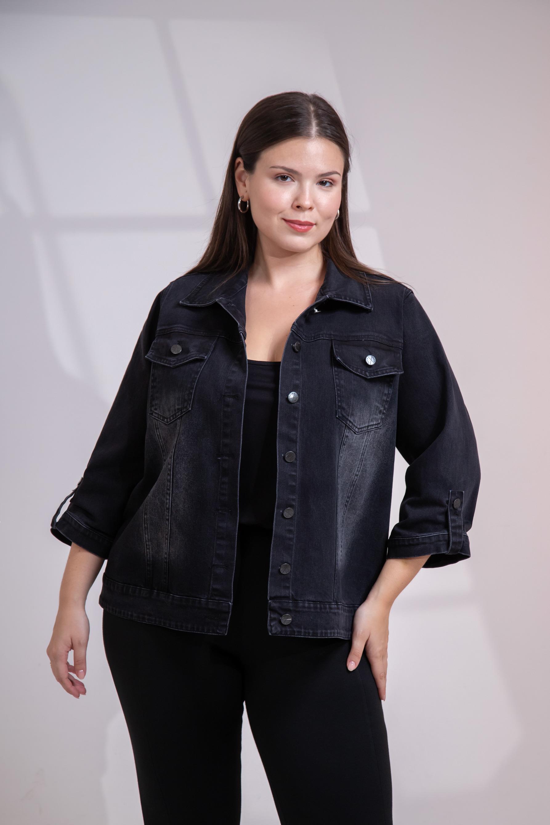 Büyük Beden 1212083 Ceplİ-Apoletli Denim Ceket Siyah