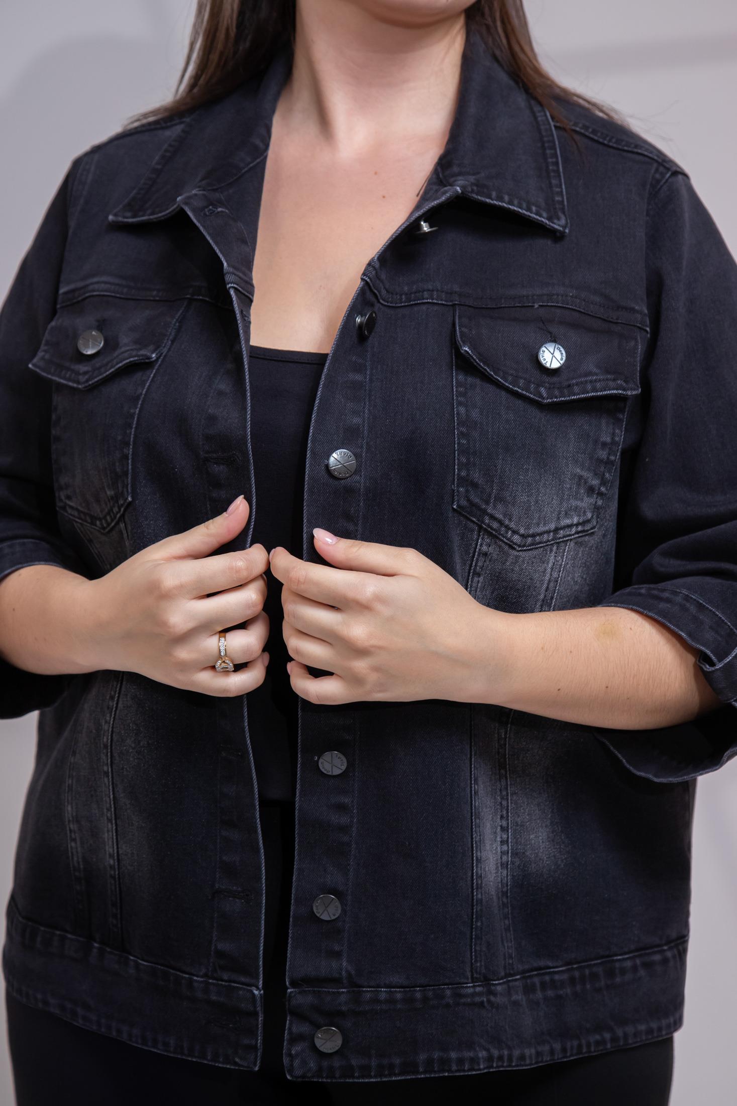 Büyük Beden 1212083 Ceplİ-Apoletli Denim Ceket Siyah