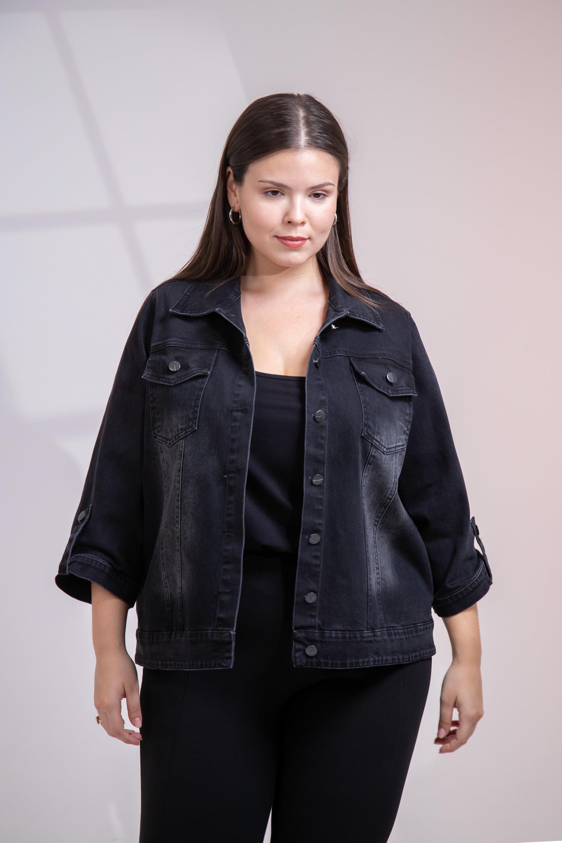 Büyük Beden 1212083 Ceplİ-Apoletli Denim Ceket Siyah