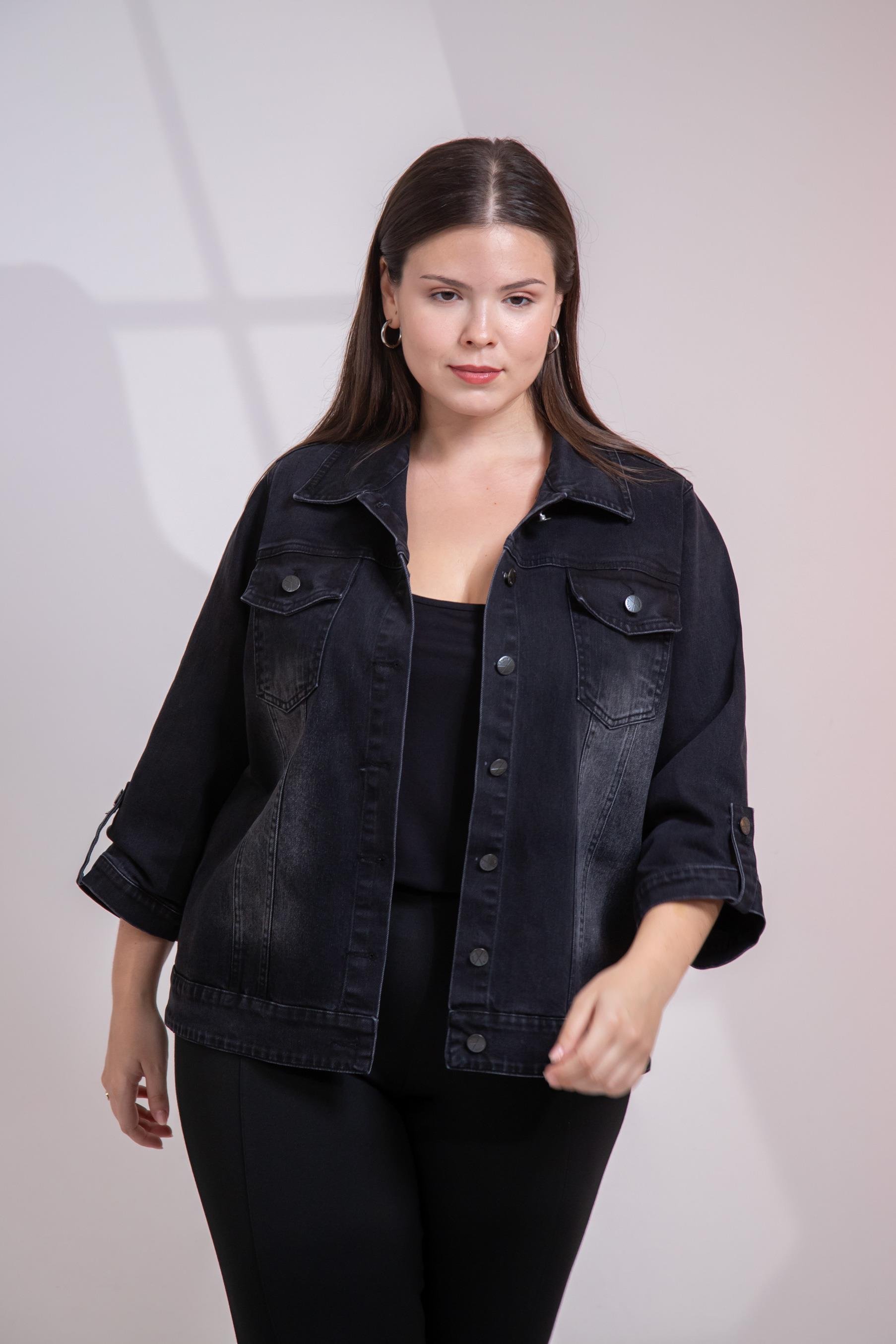 Büyük Beden 1212083 Ceplİ-Apoletli Denim Ceket Siyah
