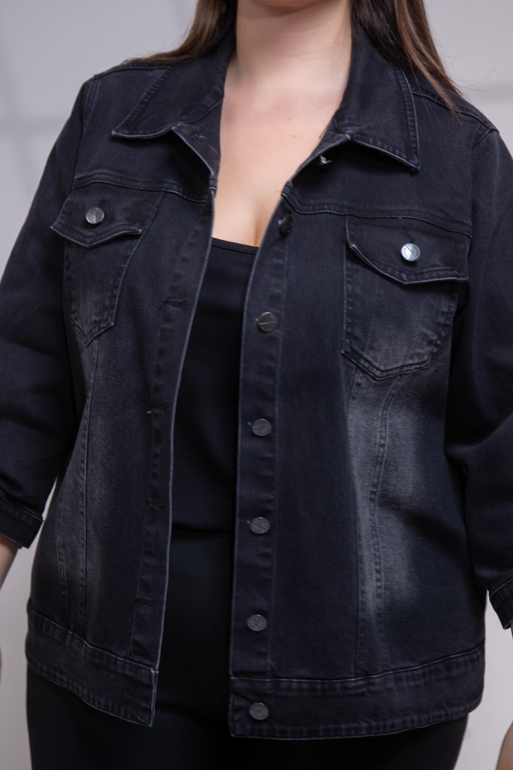 Büyük Beden 1212083 Ceplİ-Apoletli Denim Ceket Siyah