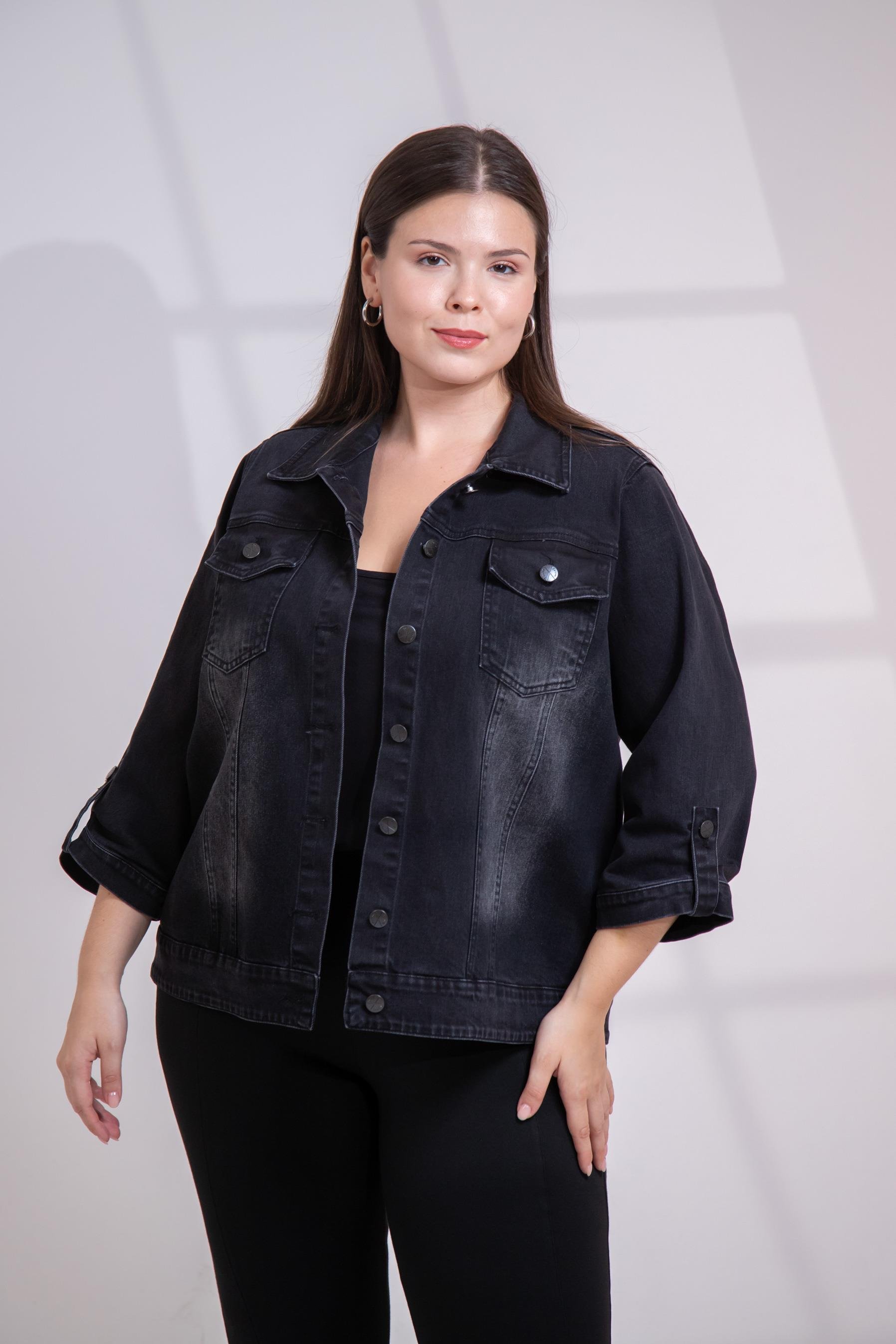 Büyük Beden 1212083 Ceplİ-Apoletli Denim Ceket Siyah