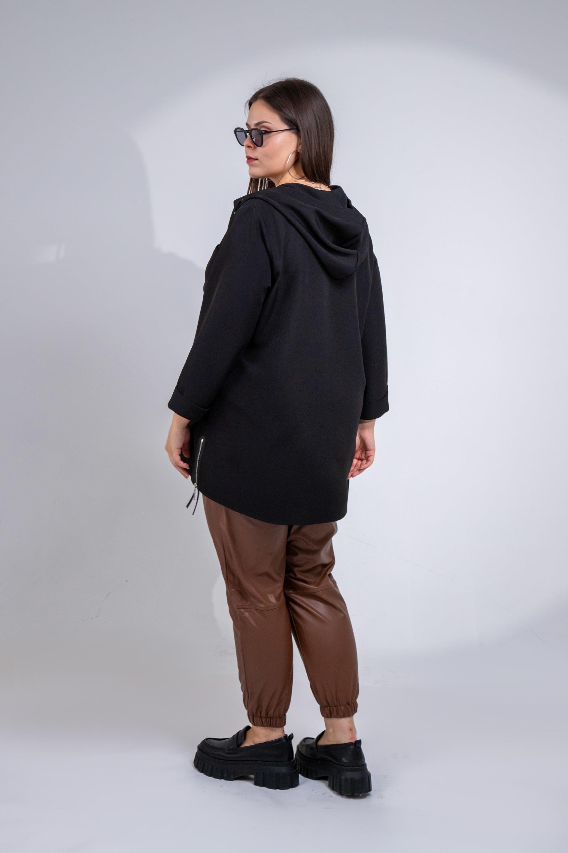 Büyük Beden 1212090 Yanı Fermuarlı Kapüşonlu Ceket Siyah