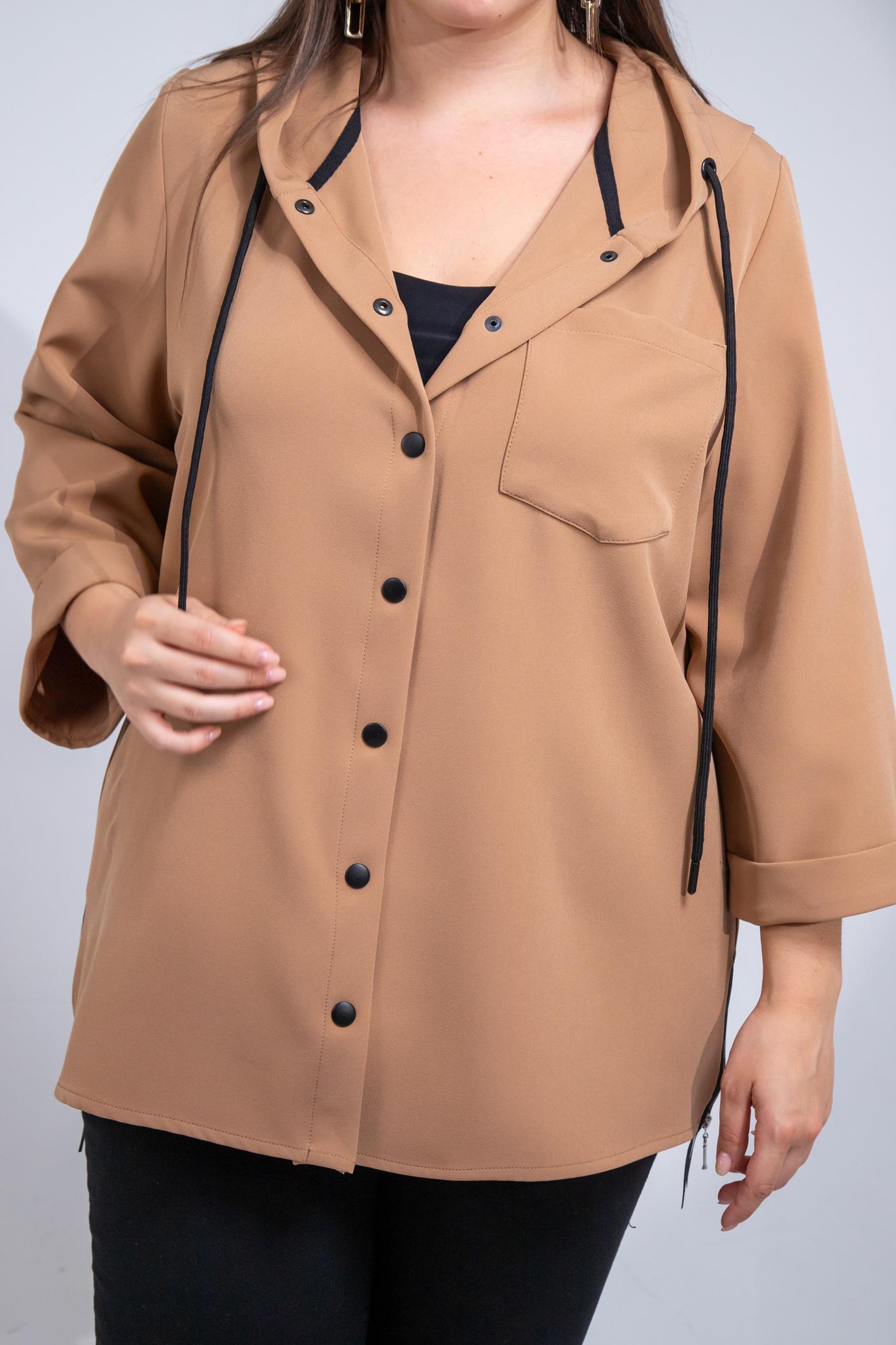 Büyük Beden 1212090 Yanı Fermuarlı Kapüşonlu Ceket Camel