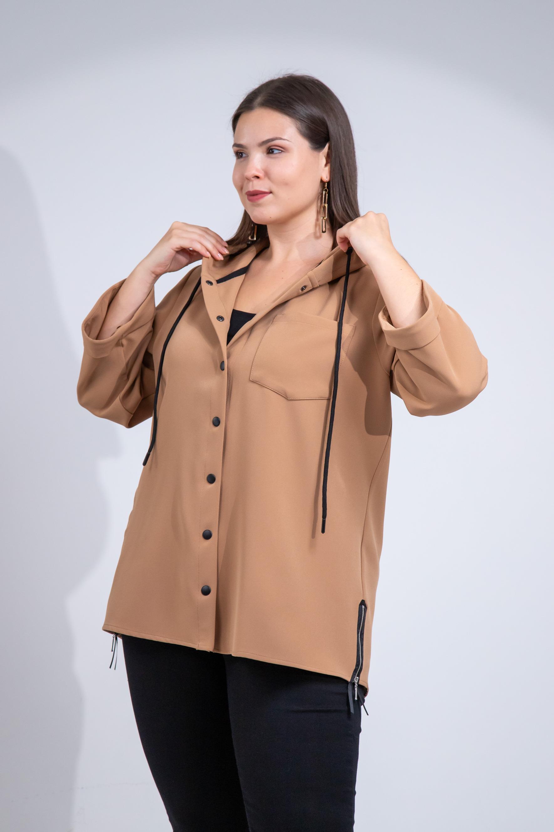 Büyük Beden 1212090 Yanı Fermuarlı Kapüşonlu Ceket Camel
