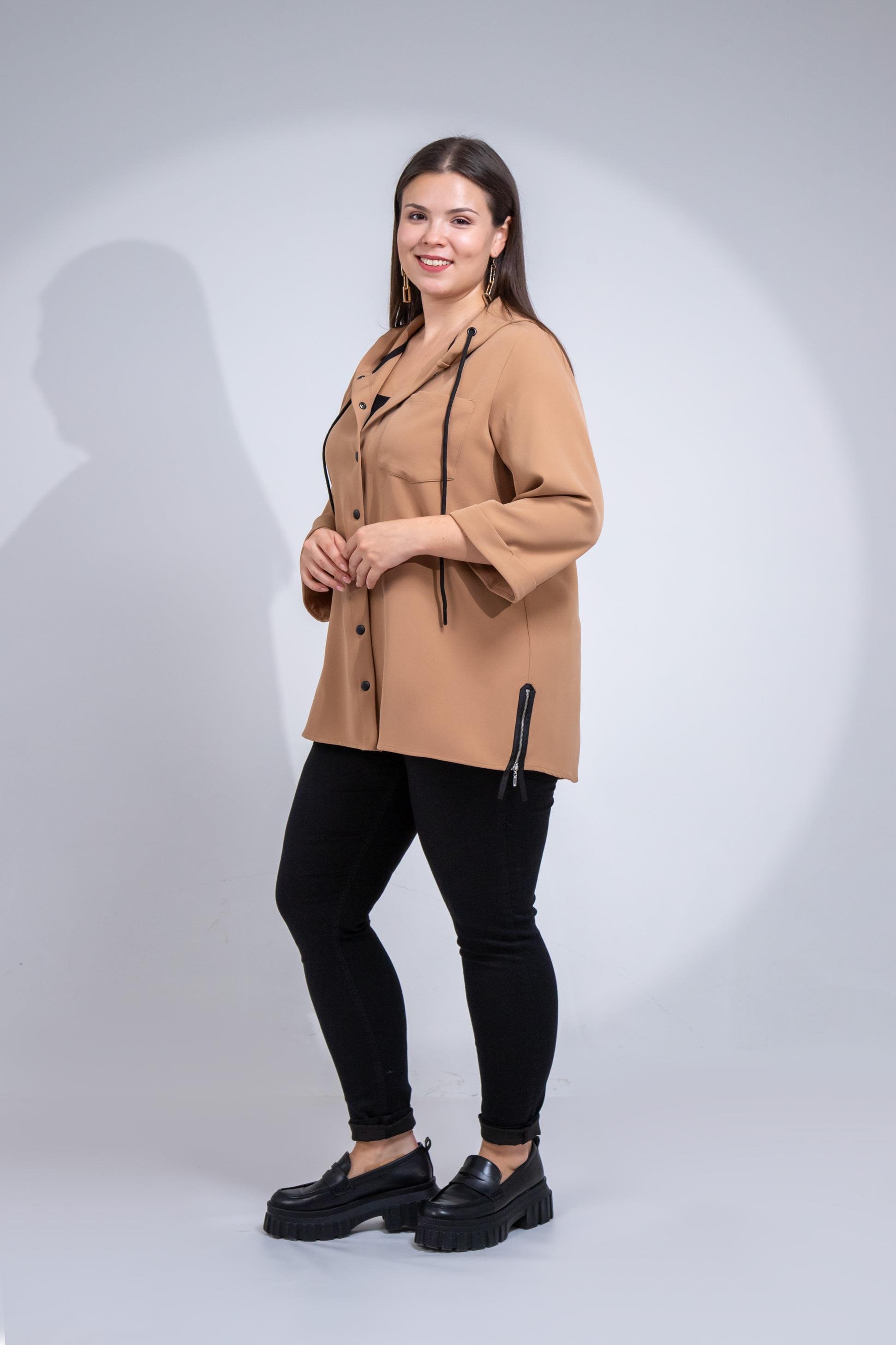 Büyük Beden 1212090 Yanı Fermuarlı Kapüşonlu Ceket Camel