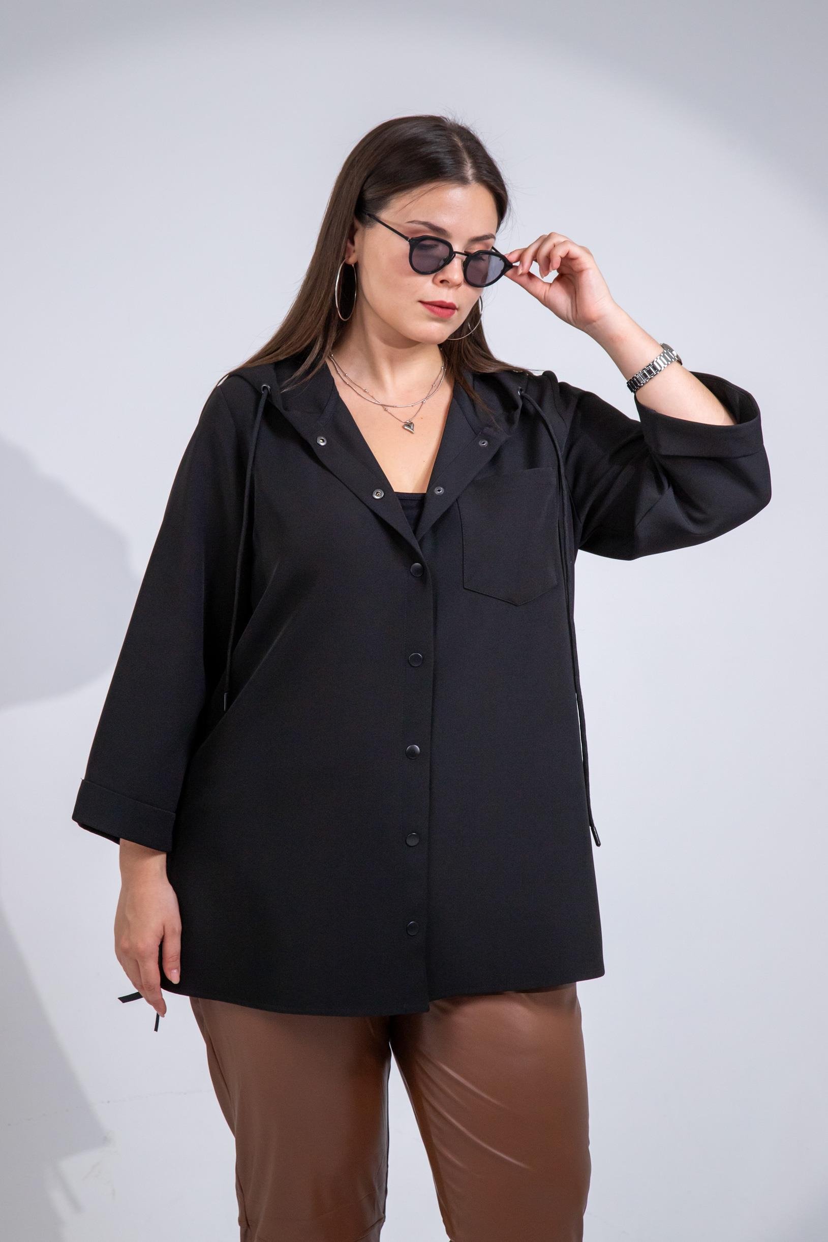 Büyük Beden 1212090 Yanı Fermuarlı Kapüşonlu Ceket Siyah