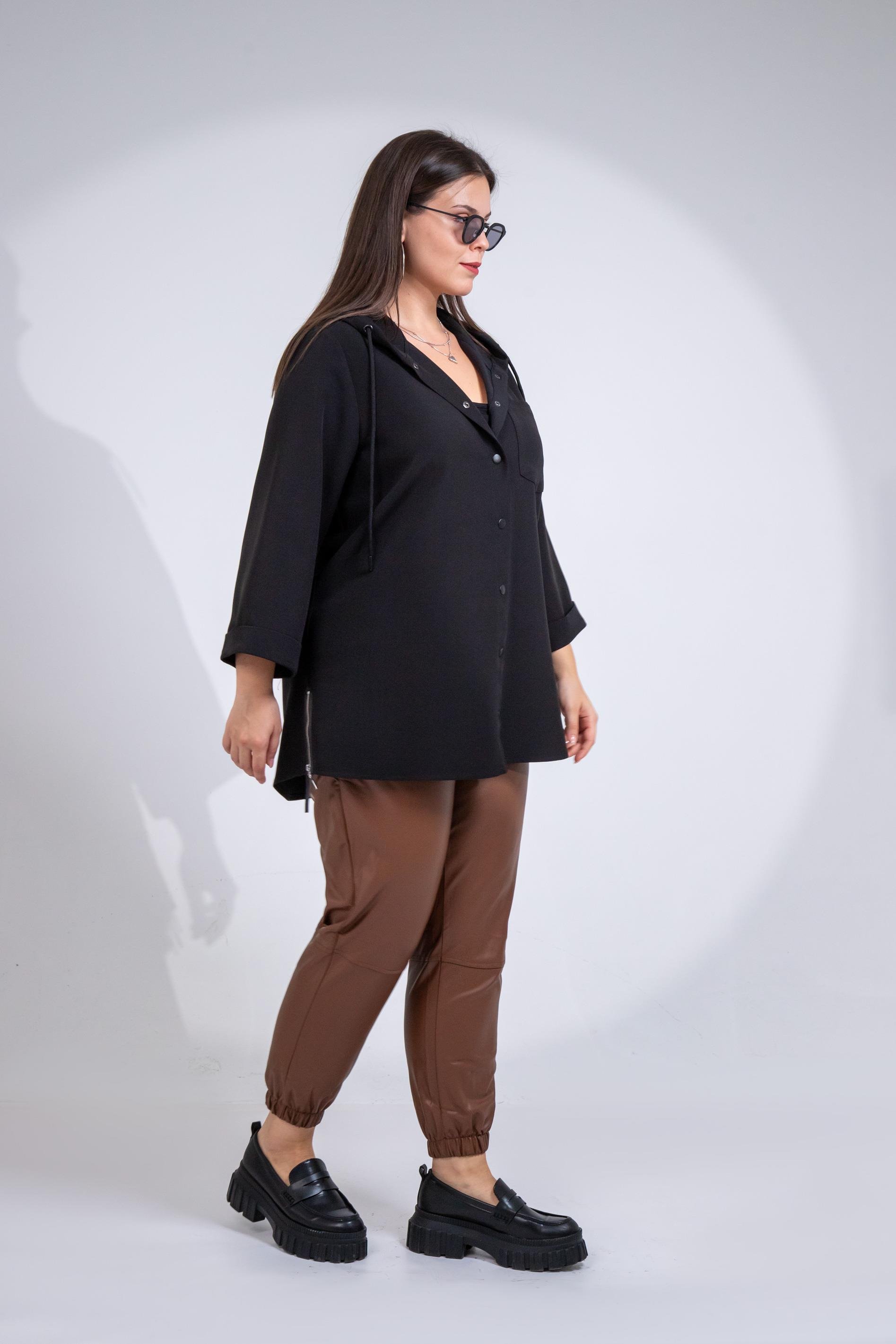 Büyük Beden 1212090 Yanı Fermuarlı Kapüşonlu Ceket Siyah