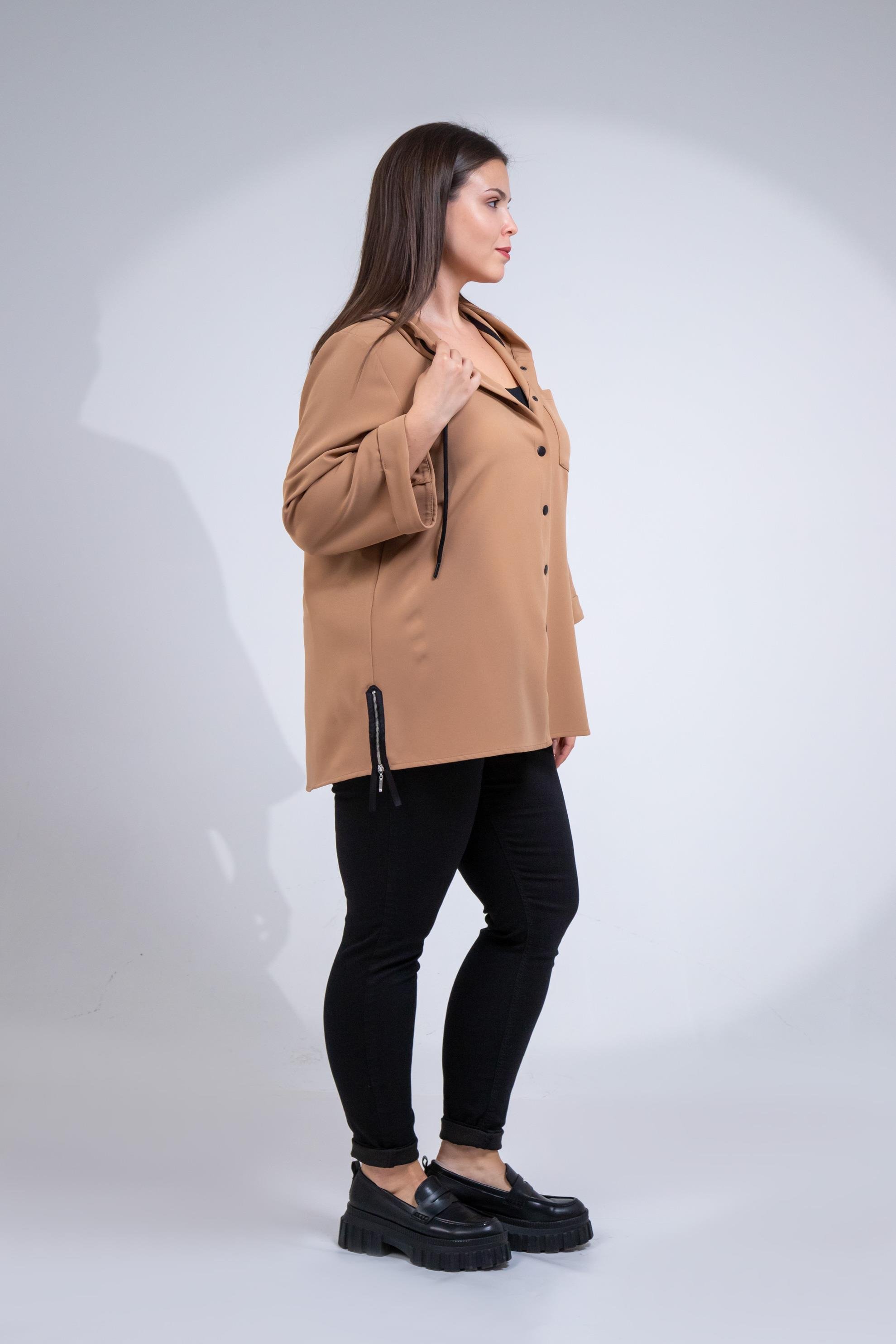 Büyük Beden 1212090 Yanı Fermuarlı Kapüşonlu Ceket Camel