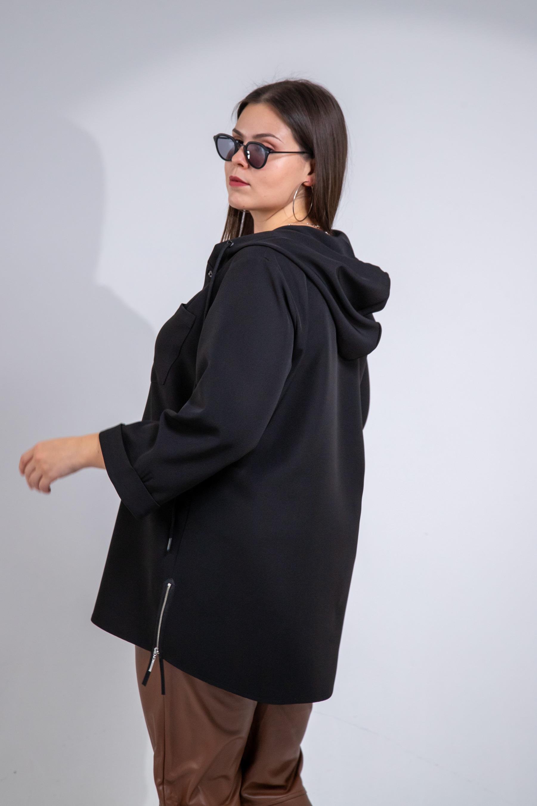 Büyük Beden 1212090 Yanı Fermuarlı Kapüşonlu Ceket Siyah