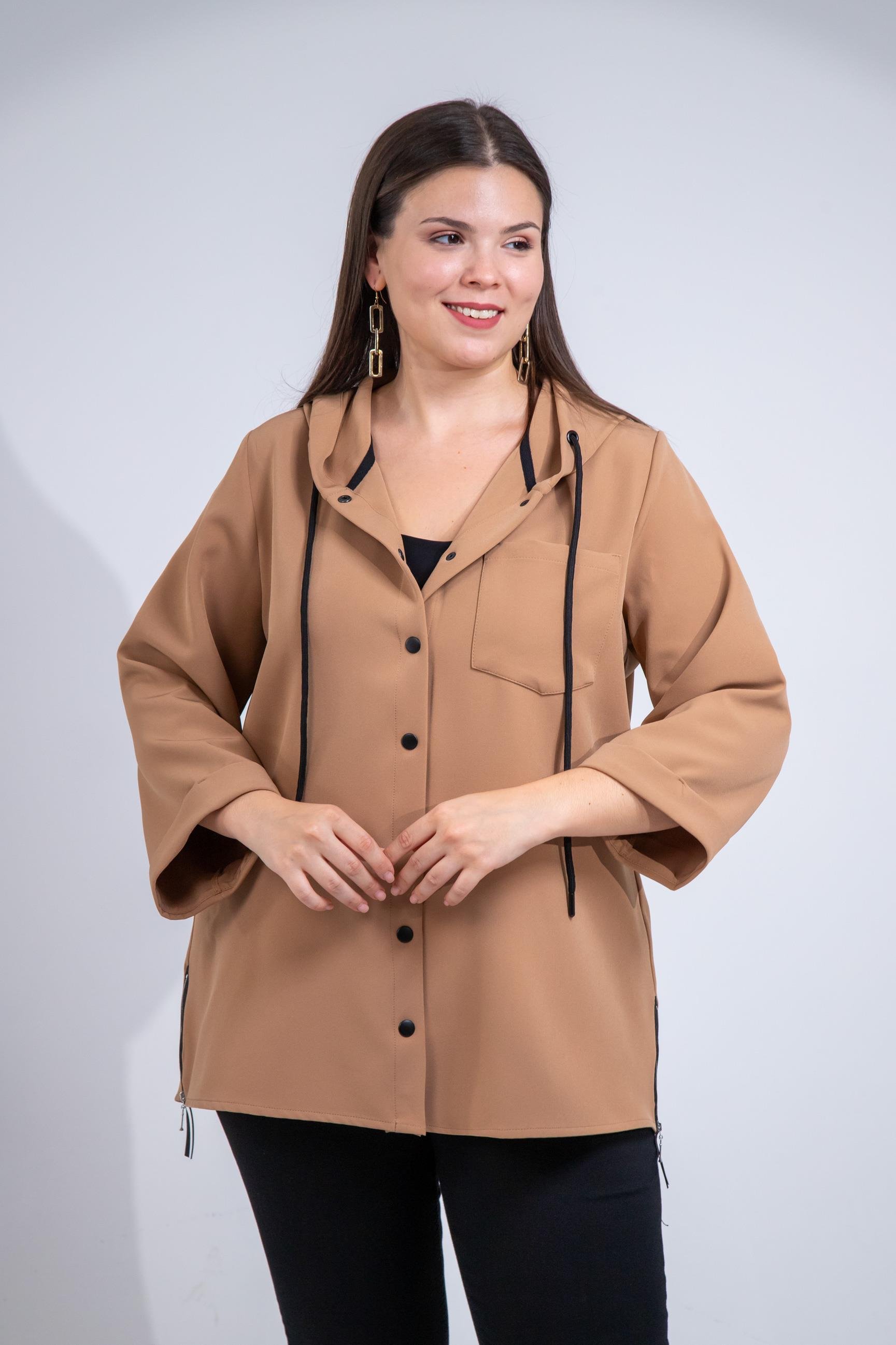 Büyük Beden 1212090 Yanı Fermuarlı Kapüşonlu Ceket Camel