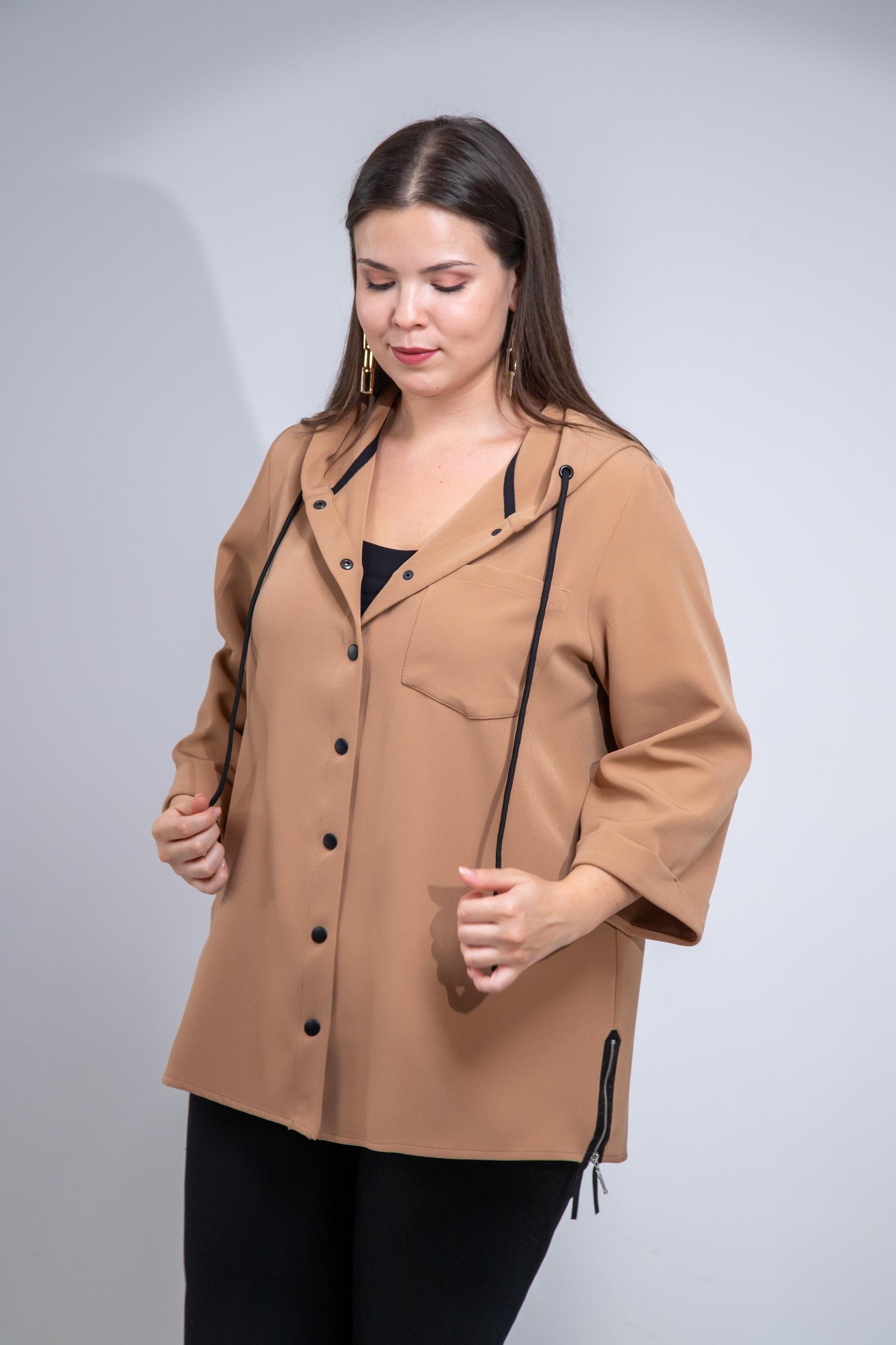 Büyük Beden 1212090 Yanı Fermuarlı Kapüşonlu Ceket Camel